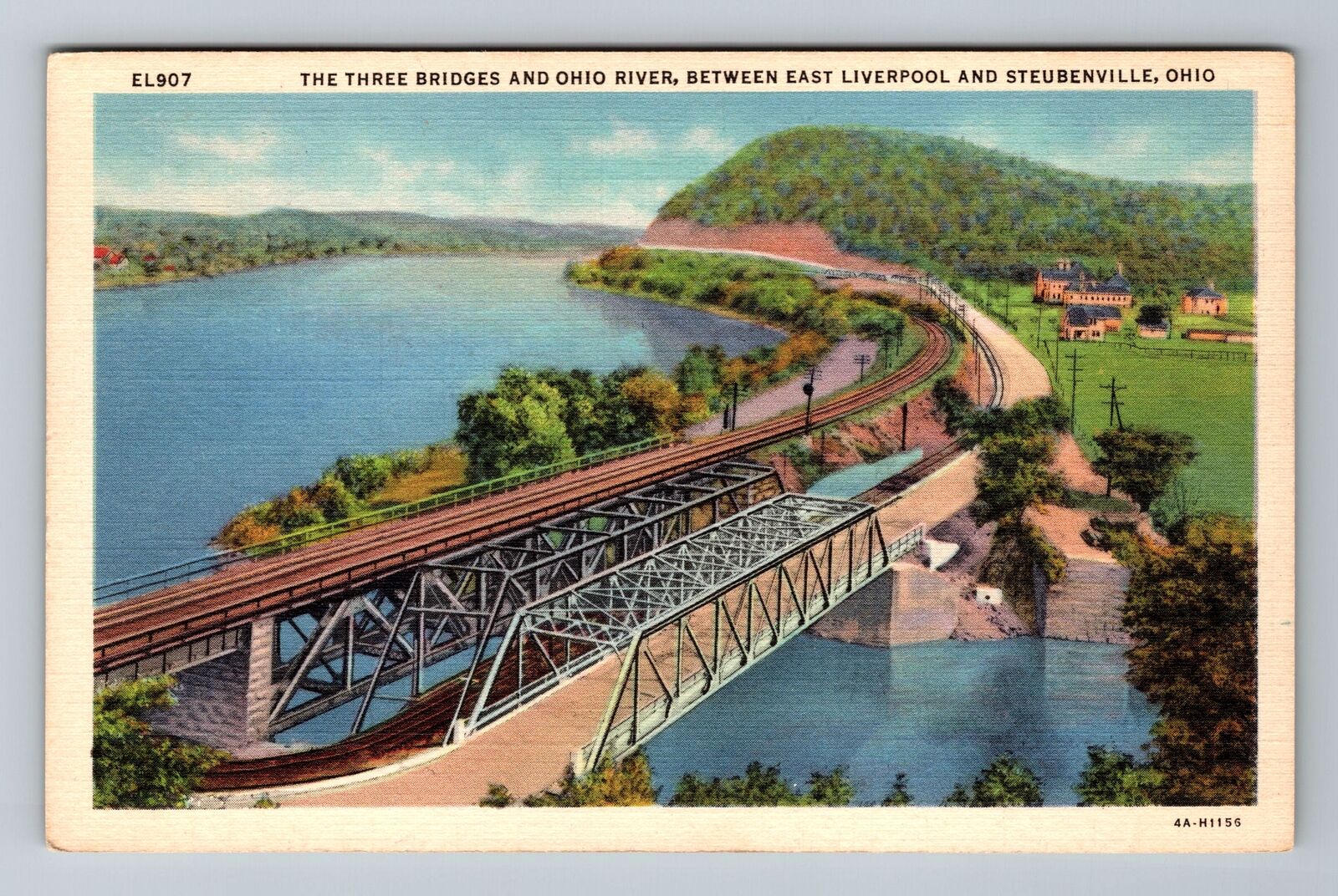 Steubenville OH-Ohio, the Three Bridges, Ohio River, c1939 Vintage Postcard