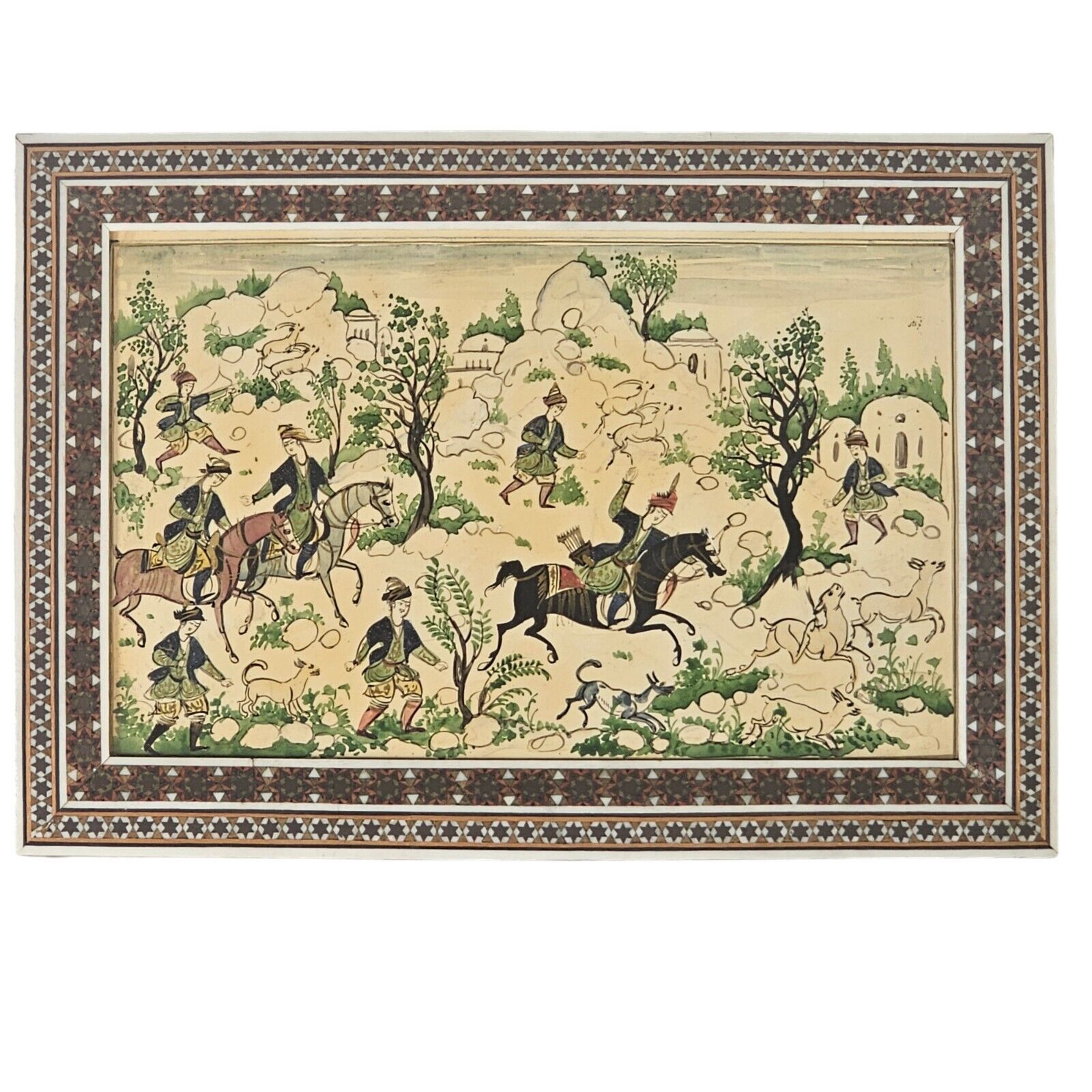 Persian Hunting Scene Oil Painting Bone, Khatam Inlay Marquetry Wood Frame