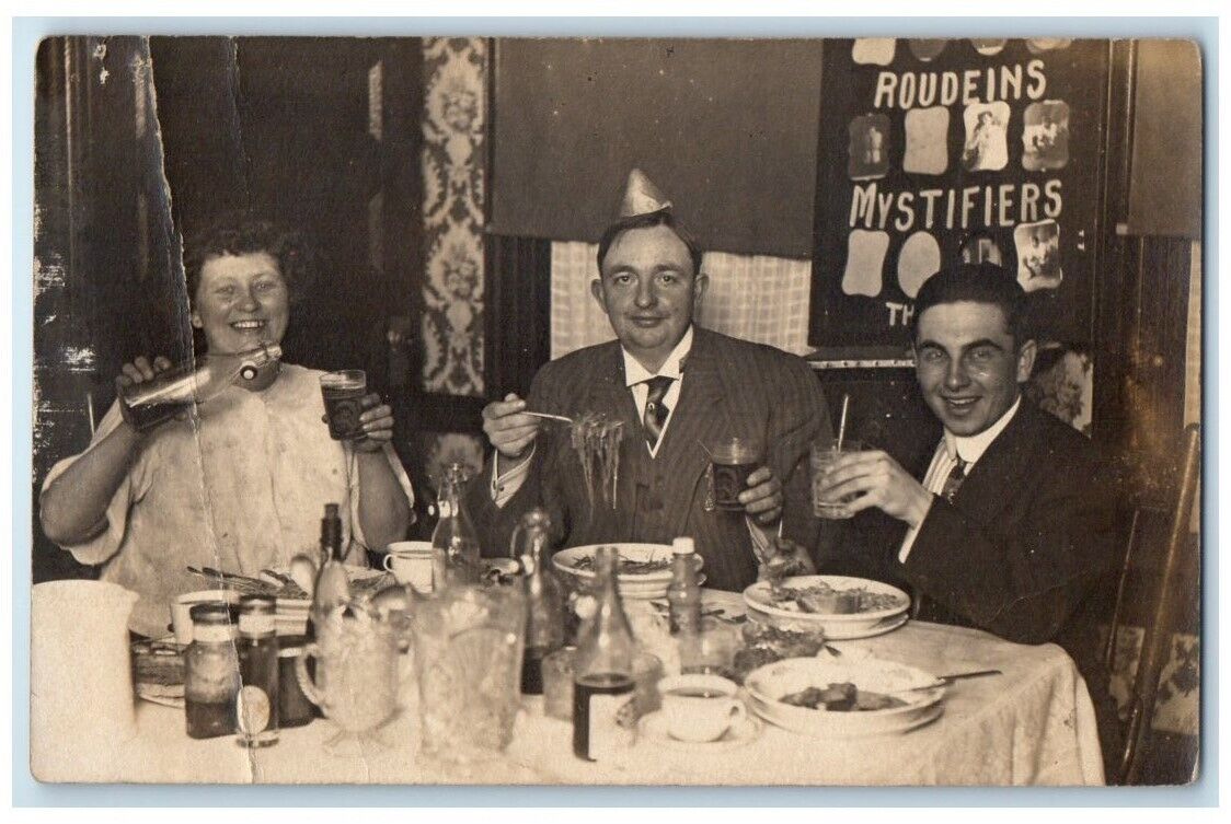 c1910 Birthday Party Hat Roudeins Mystifiers Men Woman Wine RPPC Photo Postcard
