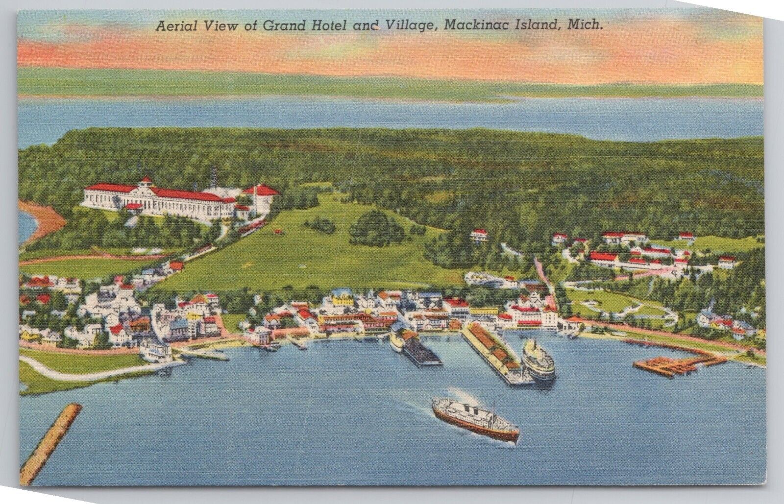 1937 Postcard Aerial View Of Grand Hotel & Village Mackinac Island Michigan