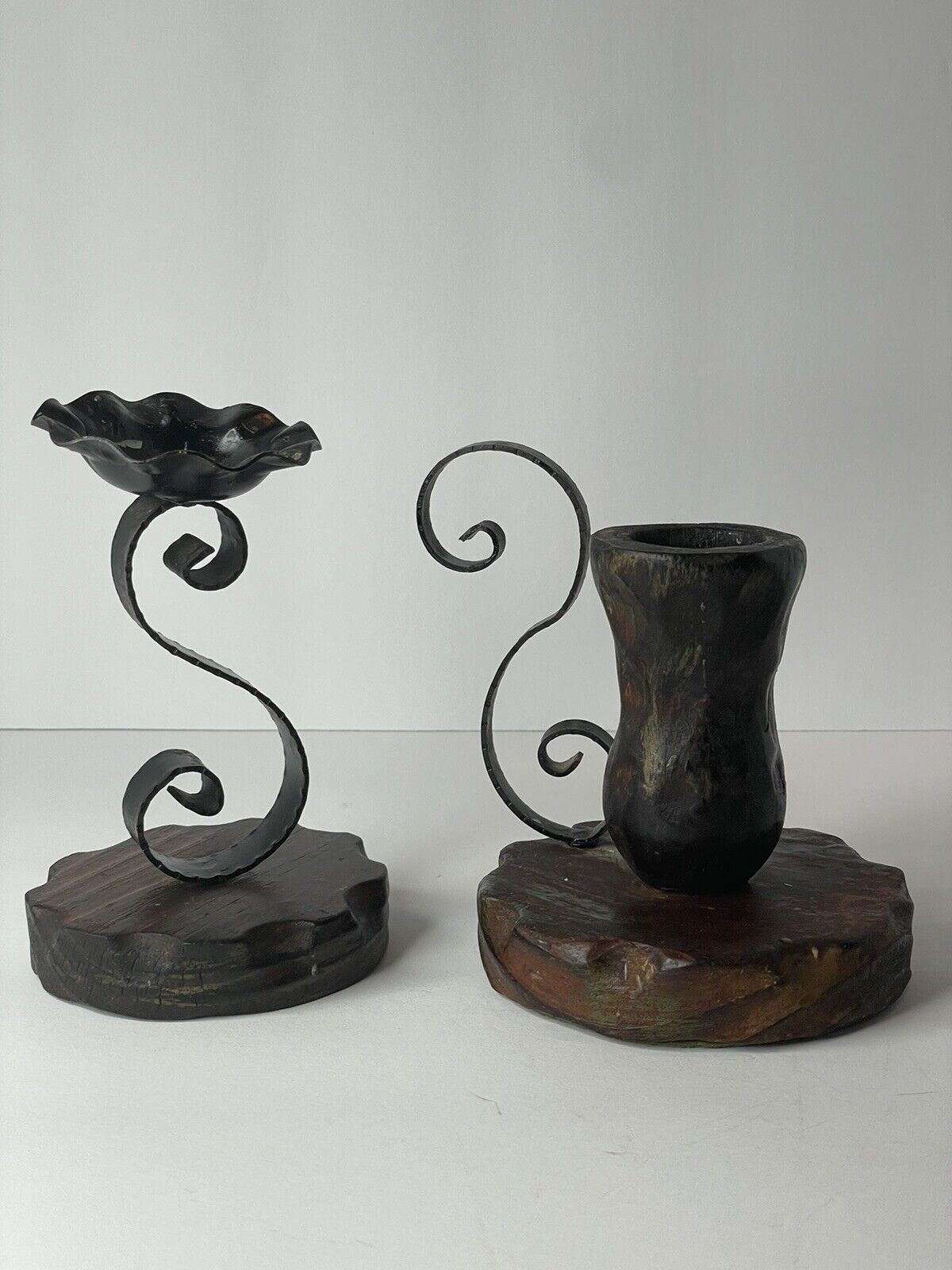 Rustic Primitive Wood & Metal Bent Scrolled Candle Holder Sculpture Cabin Art