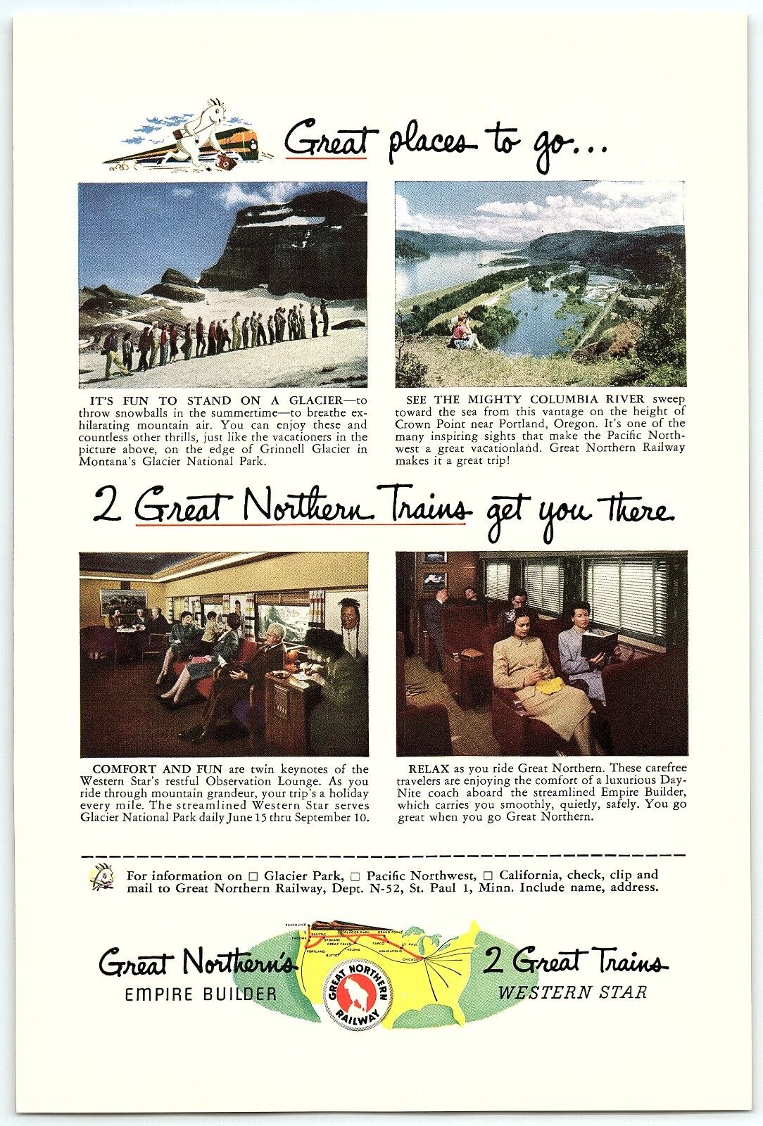 1940s GREAT NORTHERN RAILWAY WESTERN STAR AND EMPIRE BUILDER PRINT AD Z6055