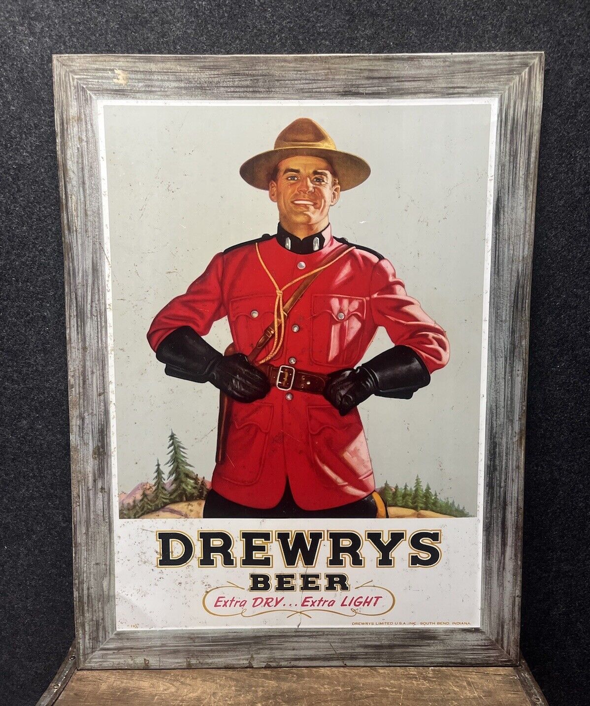 Vtg 1950s Drewrys Beer Advertising TOC Sign Tin Over Cardboard 22.25” Mountie
