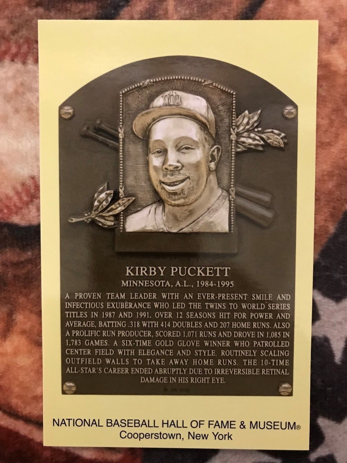 Kirby Puckett Postcard- Baseball Hall of Fame Induction Plaque - Twins Photo