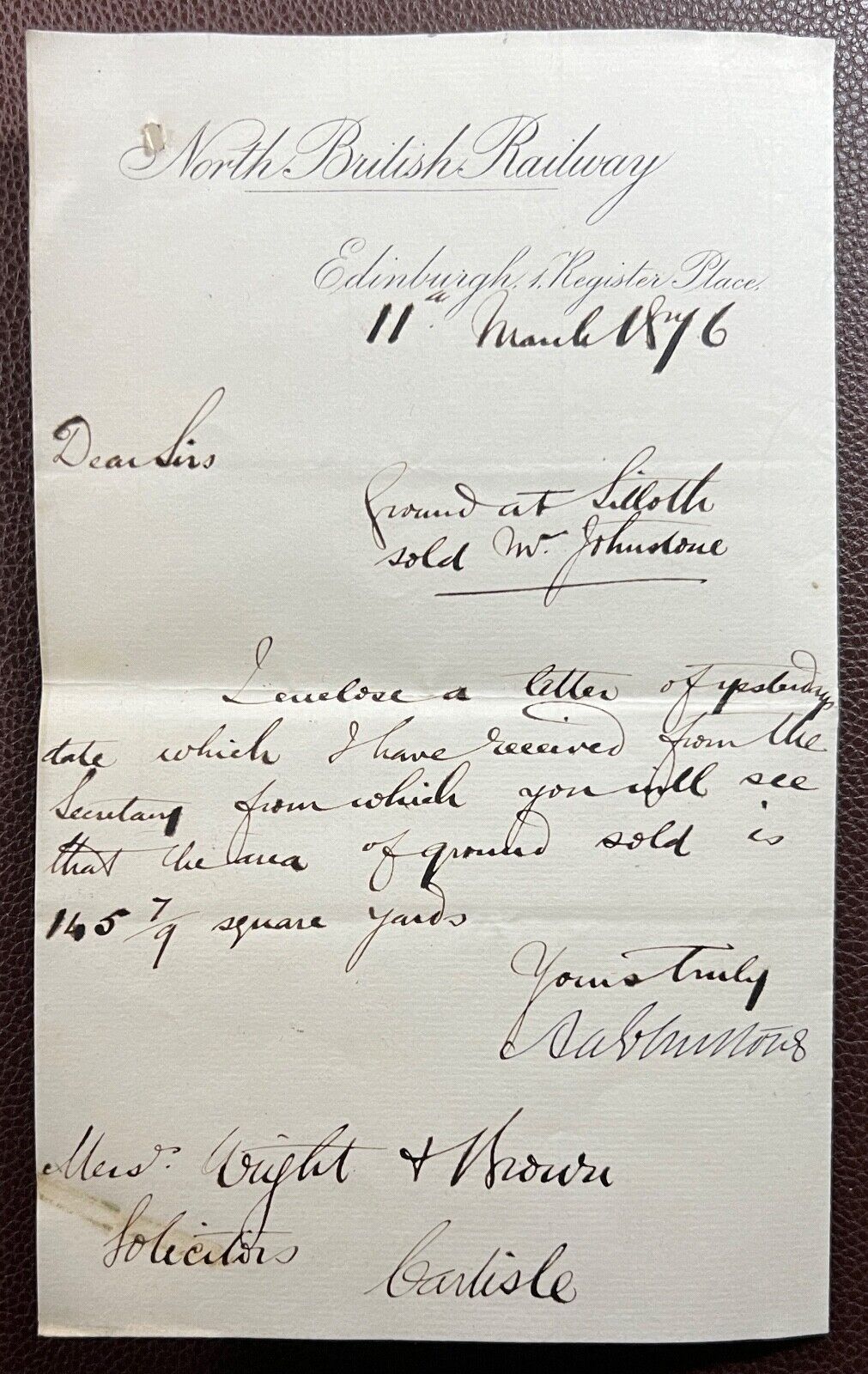1876 North British Railway, 1 Register Place, Edinburgh Letter