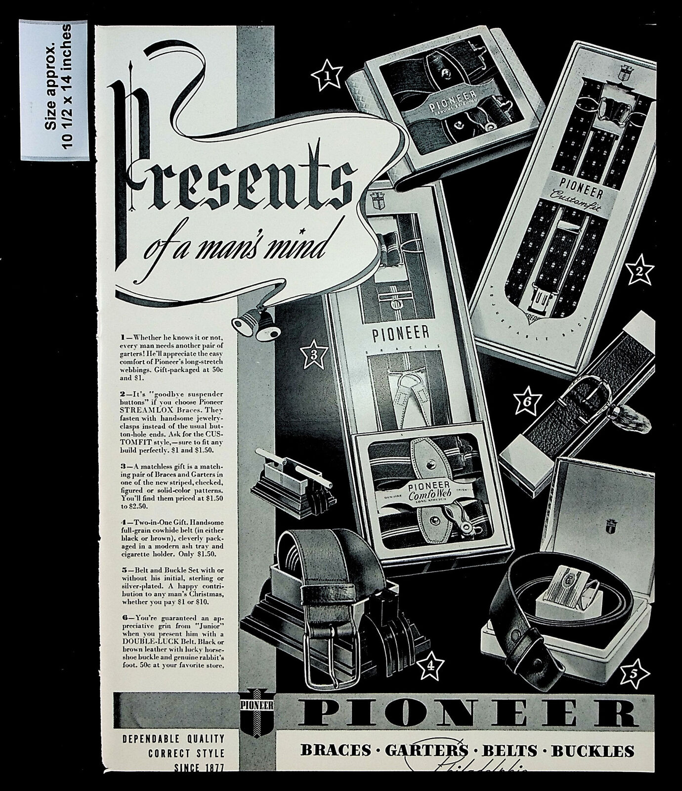 1937 Pioneer Men\'s Accessories Fashion Belts Buckles Vintage Print Ad 31823