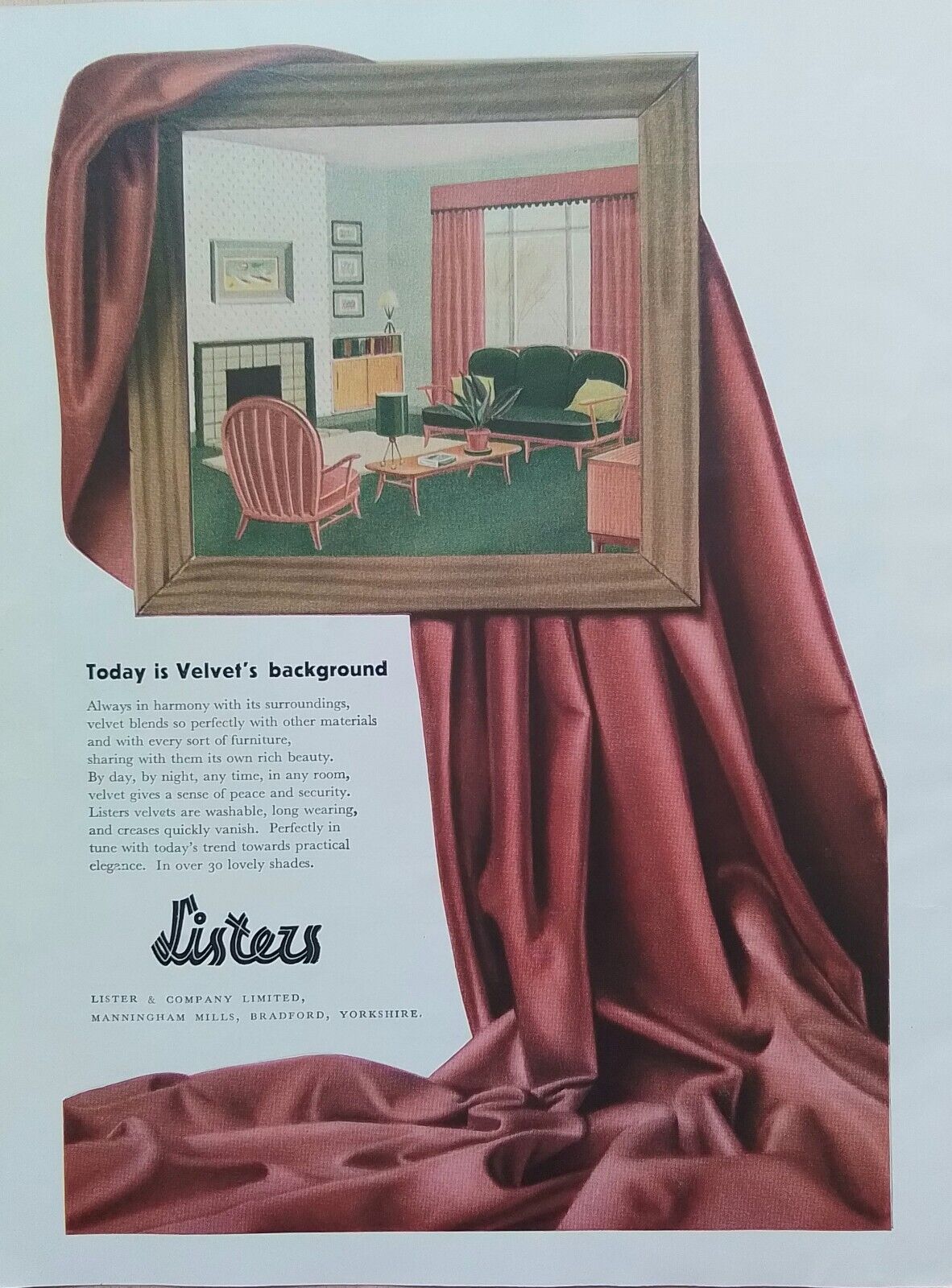 Original vintage advertisement from Listers Velvet Bradford 1956 House & Gardens