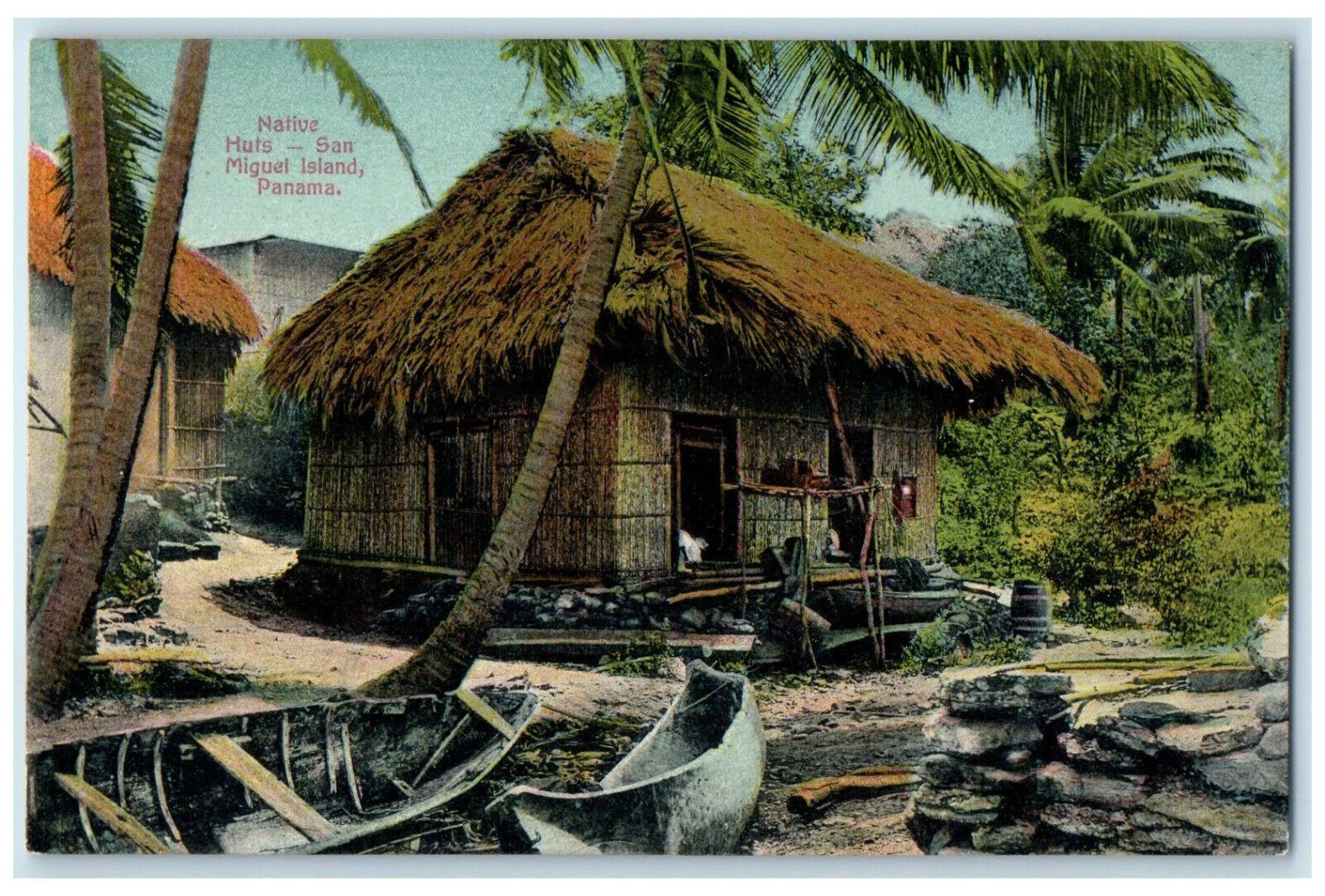 c1910 View of Native Huts San Miguel Island Panama Antique Posted Postcard
