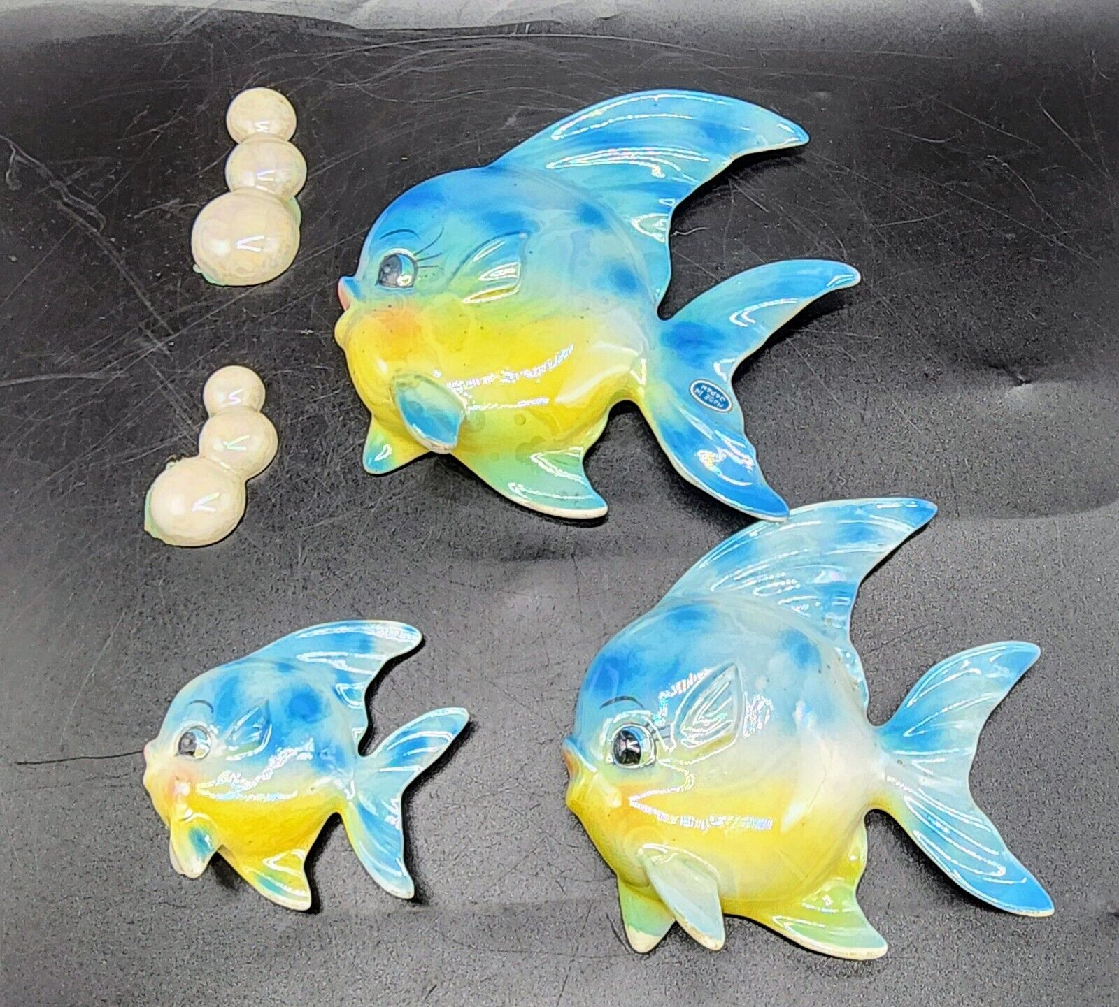 3 Vintage Blue Yellow Fish Wall Plaque Luster Iridescent Anthropomorphic Japan 