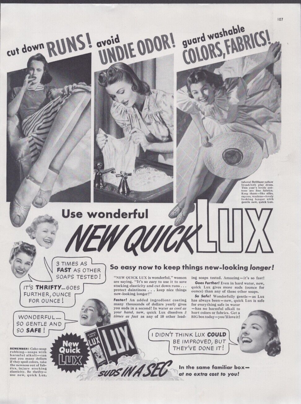 1940 Print Ad Lux Soap Laundry Cut down runs avoid undie odor guard washable