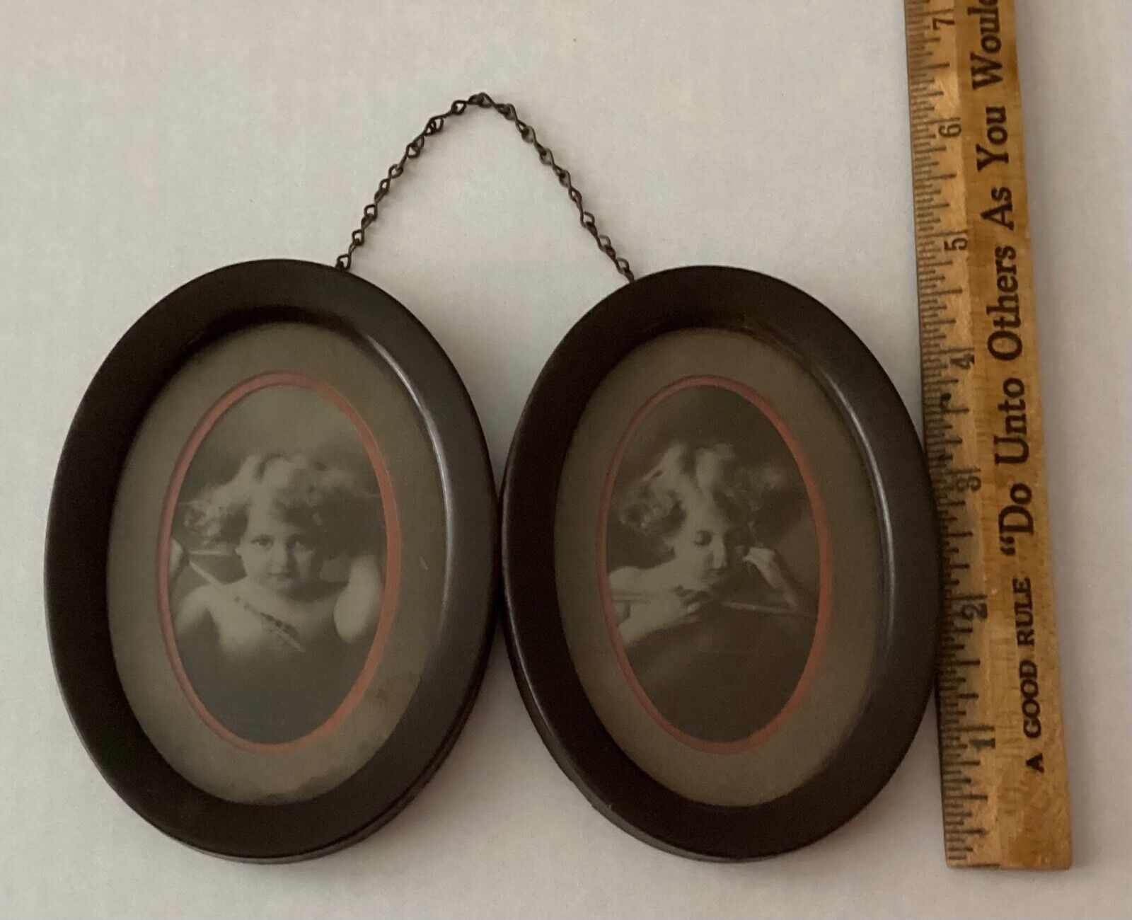 c1897 Antique CUPID AWAKE/ASLEEP Photo Prints MB Parkinson Oval  Tin Frames