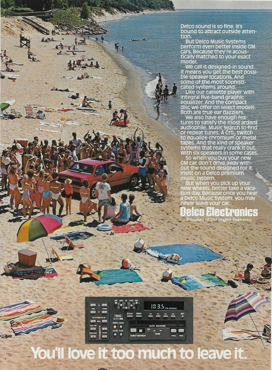 1987 Delco Electronics California Beach Red Car Audio Bikini Original Print Ad