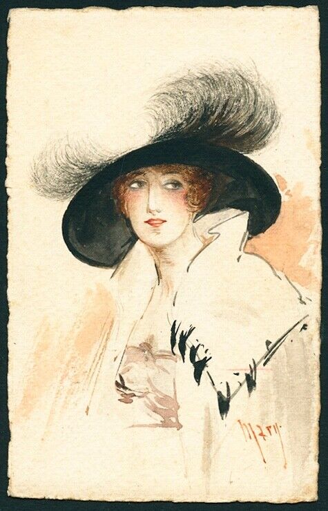 Italian 1921 ORIGINAL Art Watercolor Pen & Ink Exceptional FEMME FATALE Portrait