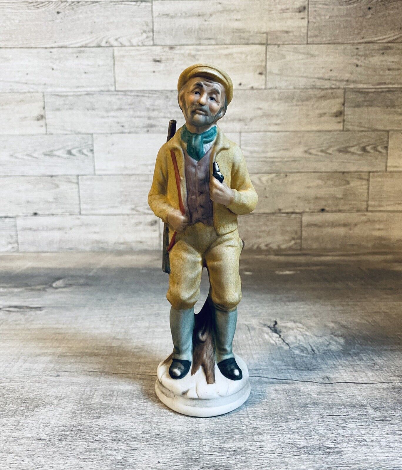 Vintage Bisque Porcelain Old Man With a Pipe and Rifle Gun Figure Figurine 