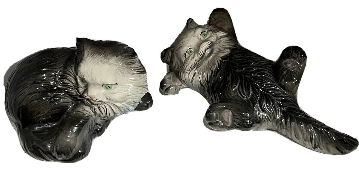Vintage Set of 1980 Scioto Gray Persian Cat Kittens Signed Ceramic Green Eyes