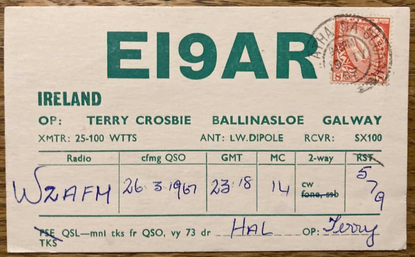 QSL Card - Ballinasloe Ireland Terry Crosbie  EI9AR  1967 Stamped Postcard