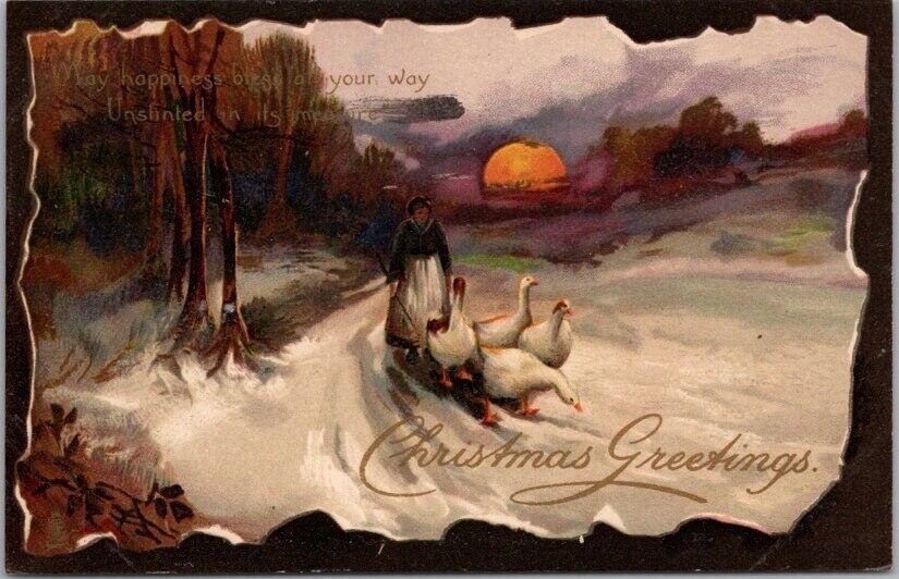 Vintage Tuck's CHRISTMAS Postcard Woman Herding Geese down Road / 1909 Cancel