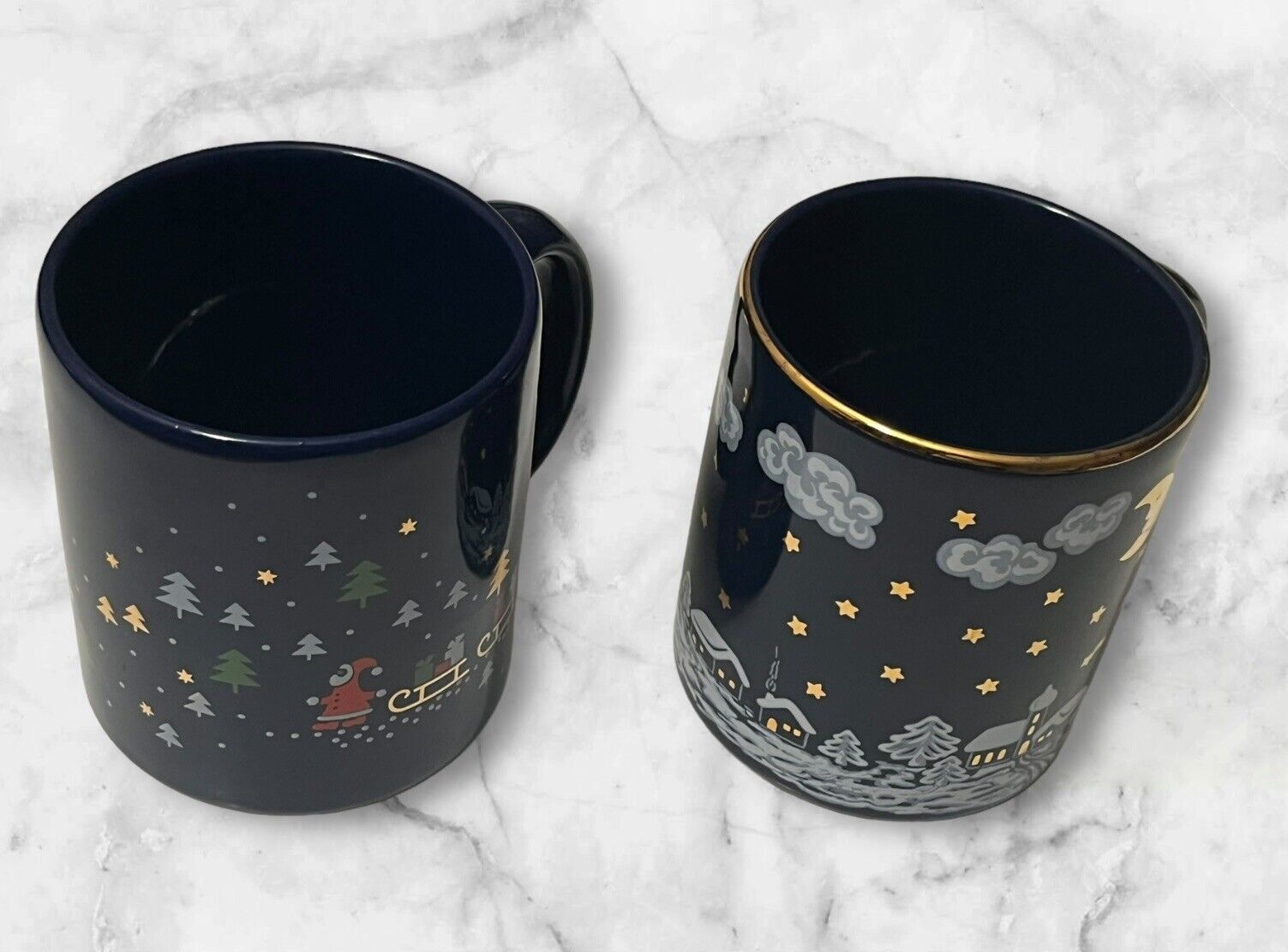 Set of 2 Waechtersbach Mugs RARE BLUE Gold Winter Dreams & Enchanted Santa Nice