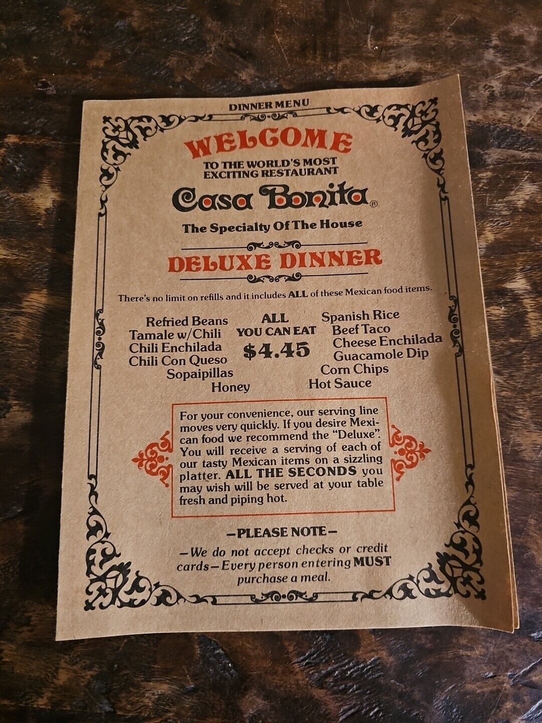 Casa Bonita Dinner Menu Vintage 1980's