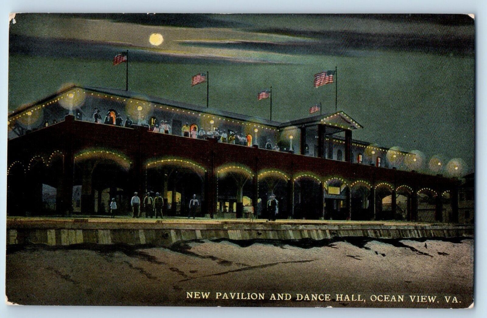 Virginia Postcard New Pavilion Dance Hall Ocean View Night Scene Moonlight 1910