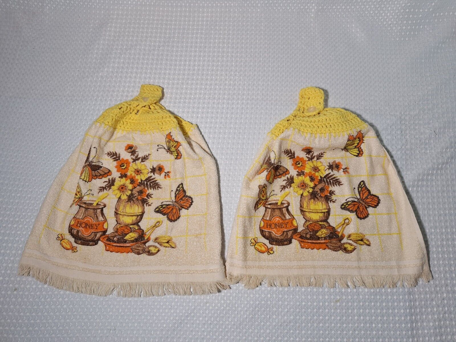 Vintage 1970s Floral Yellow Hanging Kitchen Towel Crochet Top Set of 2 Harvest