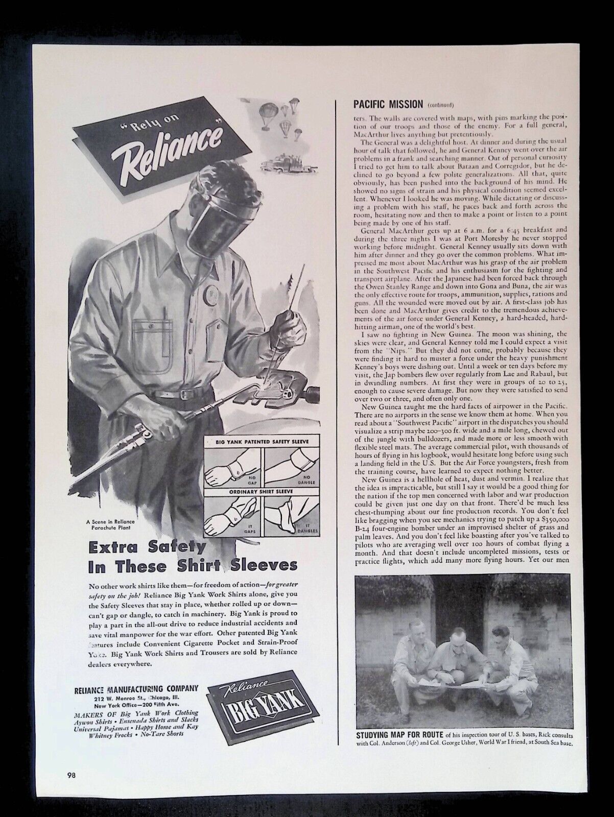 Print Ad 1943 Big Yank Reliance Welder Torch Work Shirts Cigarette Pocket