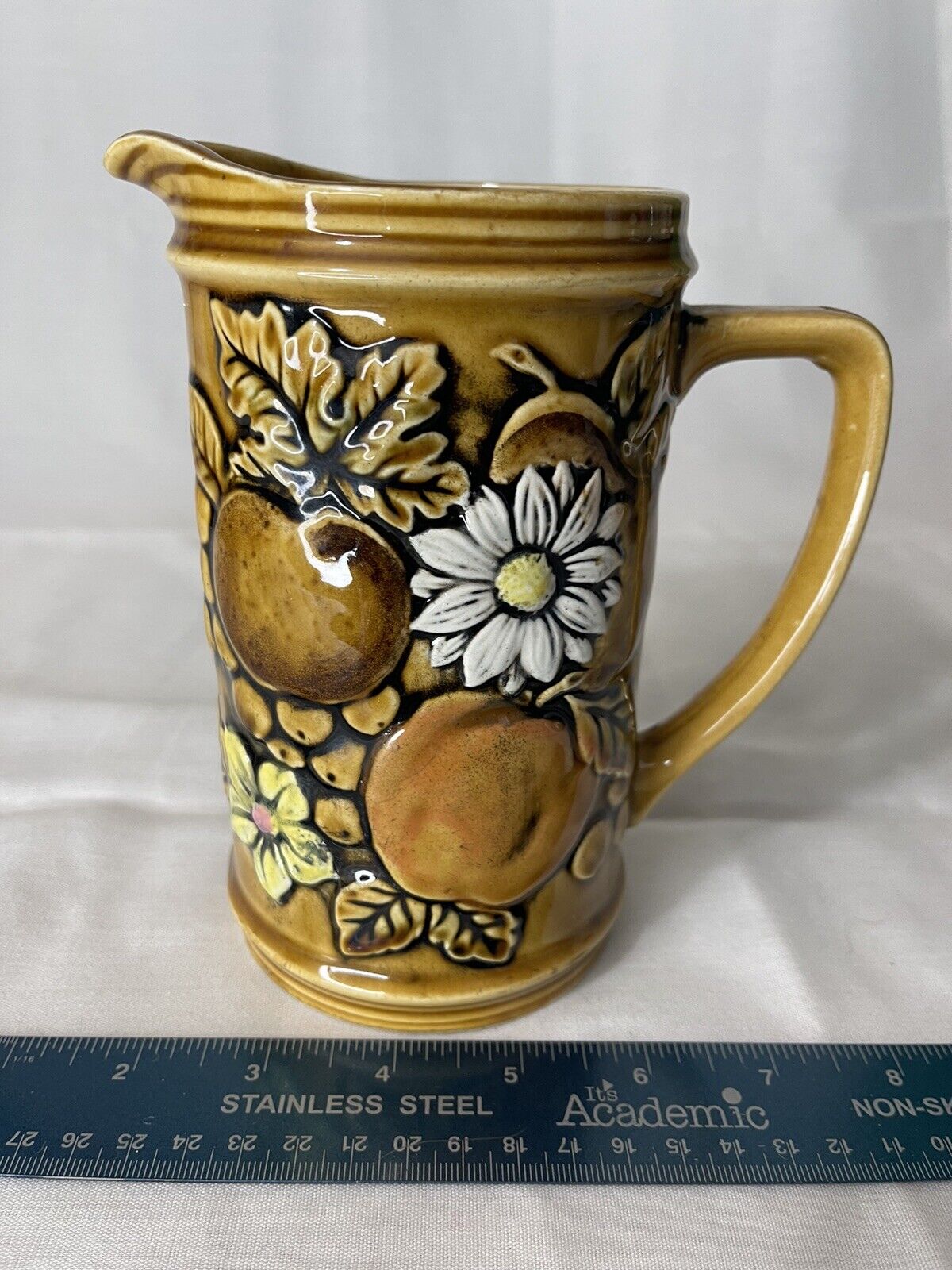 Vintage Brown/Mustard Pitcher With Fruit & Flowers Made in Japan