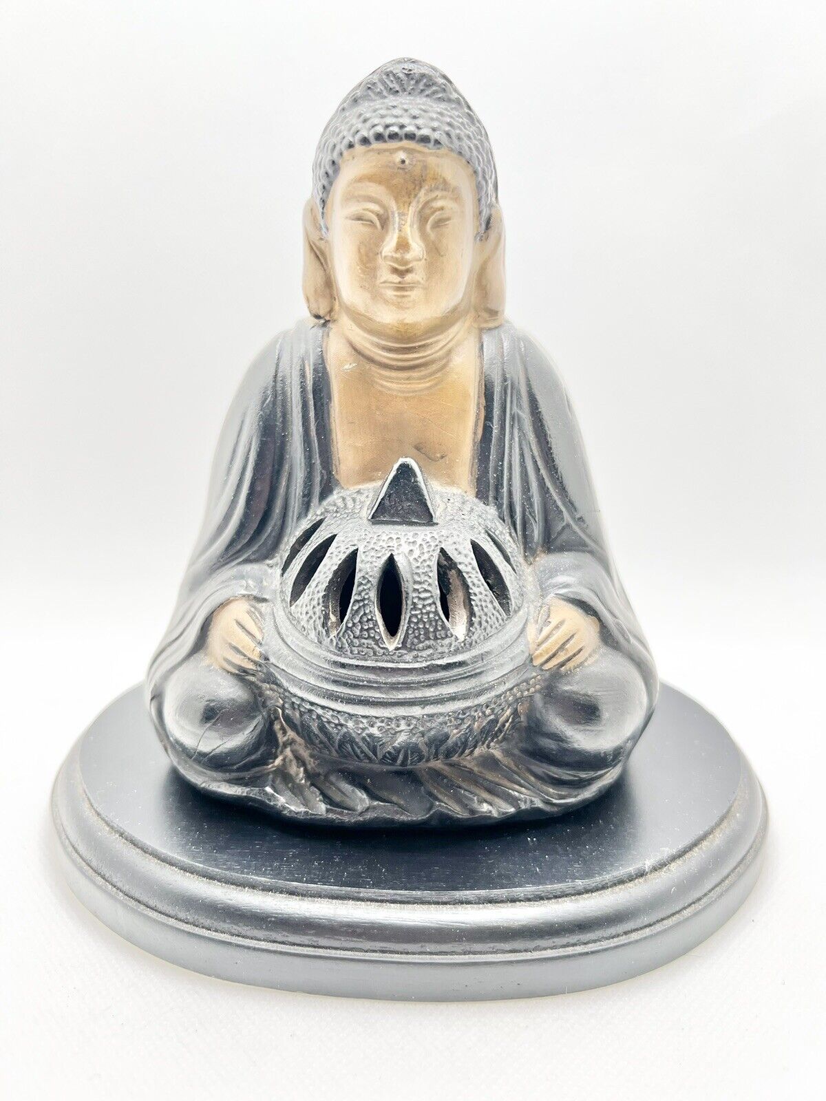 Vintage sitting Buddha on wood base incense tea light burner