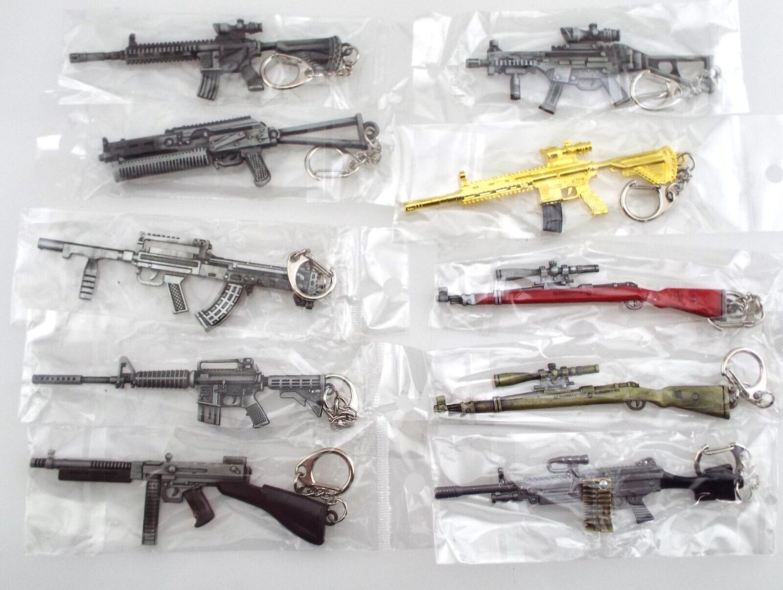 10 Key Chain Bundle Lot - Machine Gun & Rifle Style - Metal Key Ring Key Chain