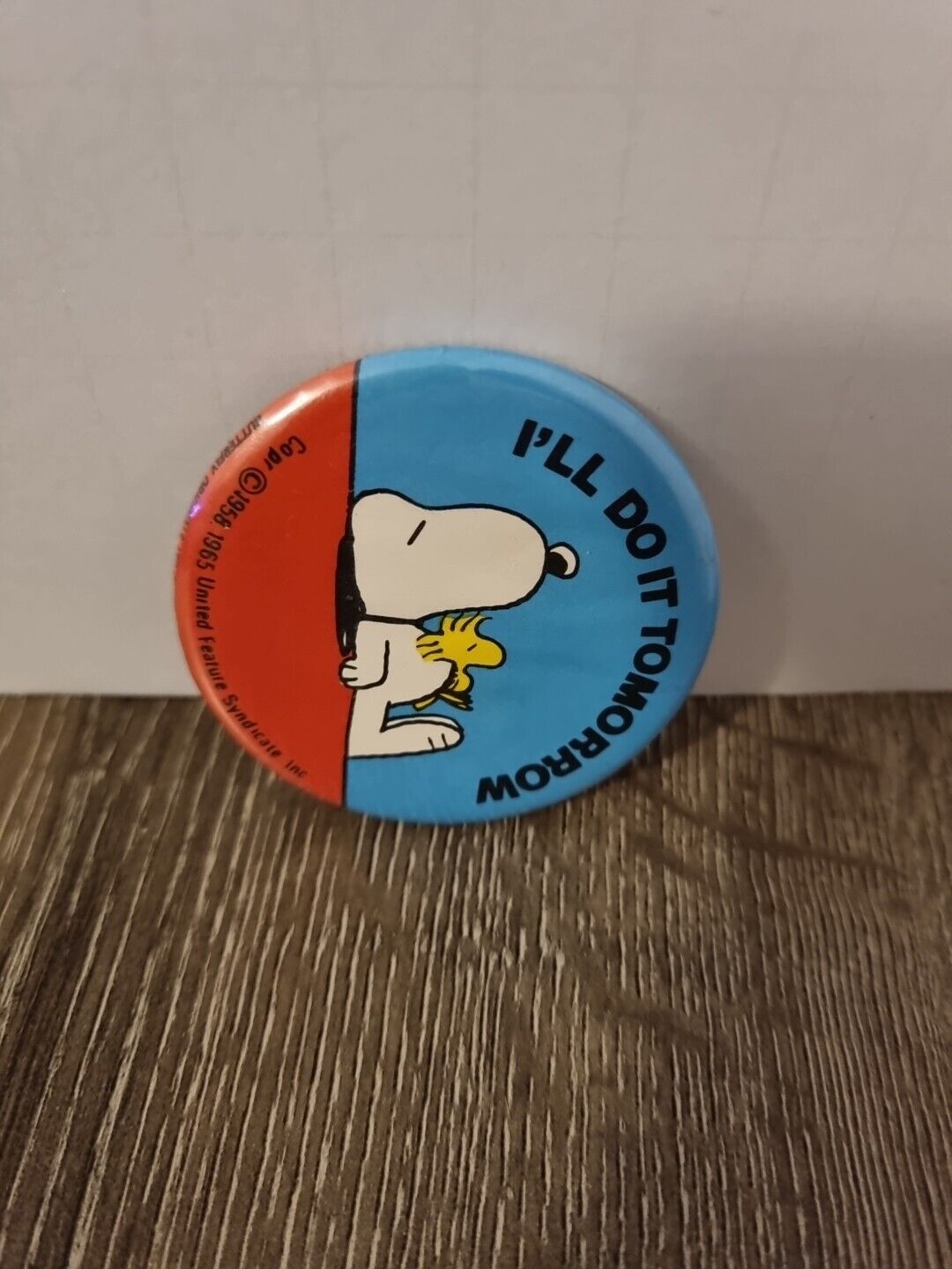 Vtg 65 Peanuts Snoopy Woodstock “ I’ll Do It Tomorrow” Pin back Button 