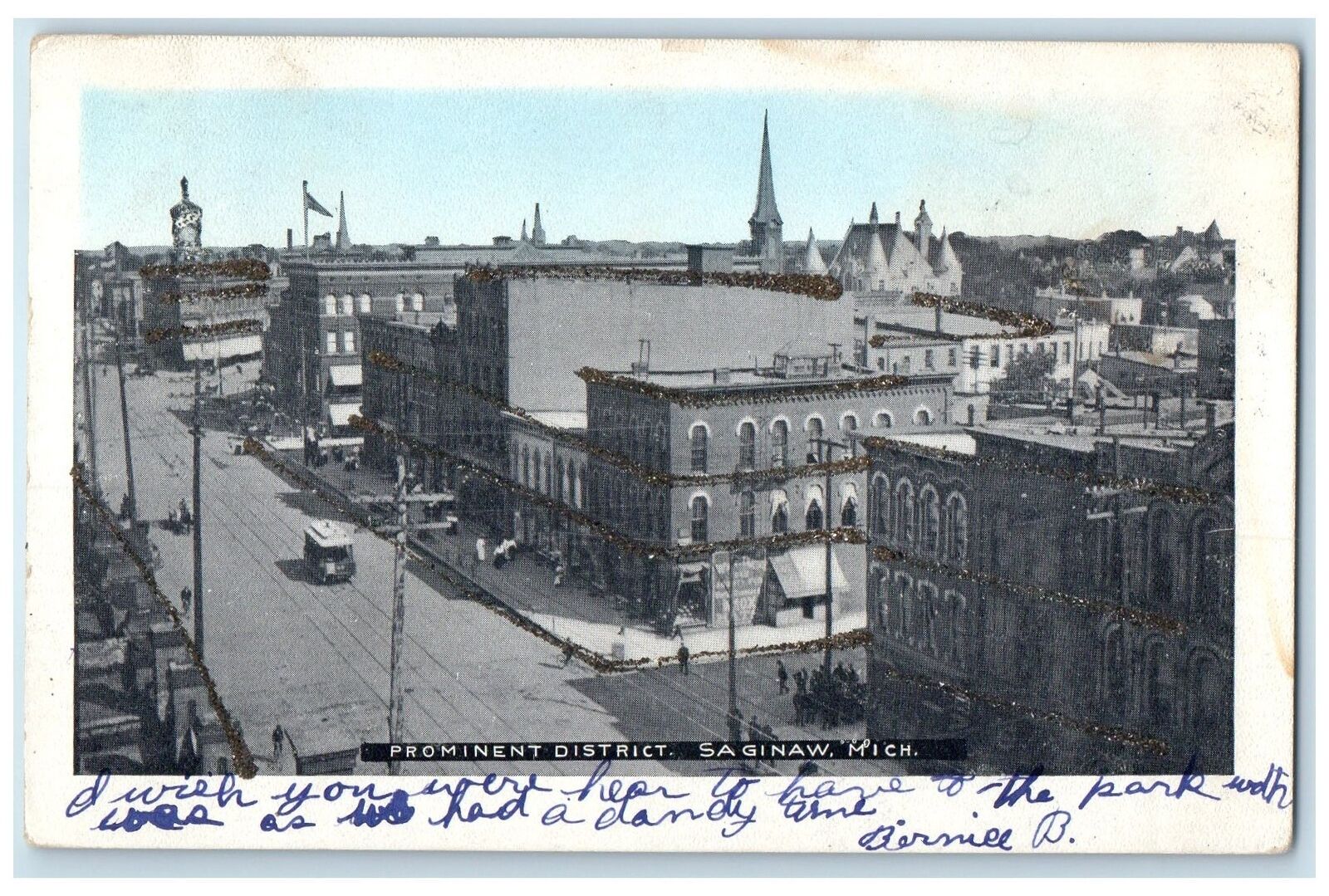 1906  Bird\'s Eye View Prominent District Scene Saginaw Michigan MI Car Postcard