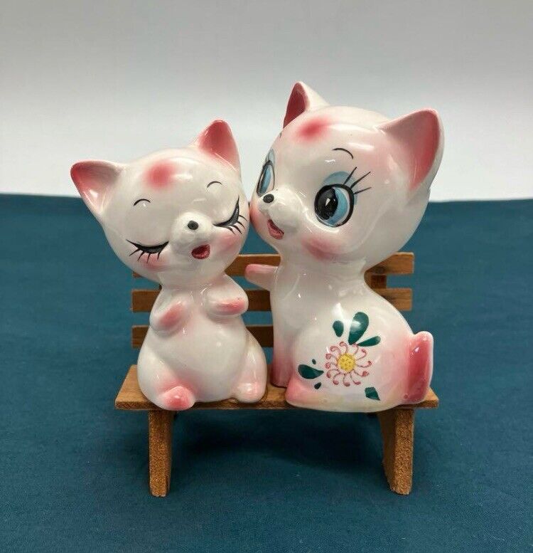 Showa Retro Cats Pottery Vintage cute Figurine Pair RARE used pink set JAPAN