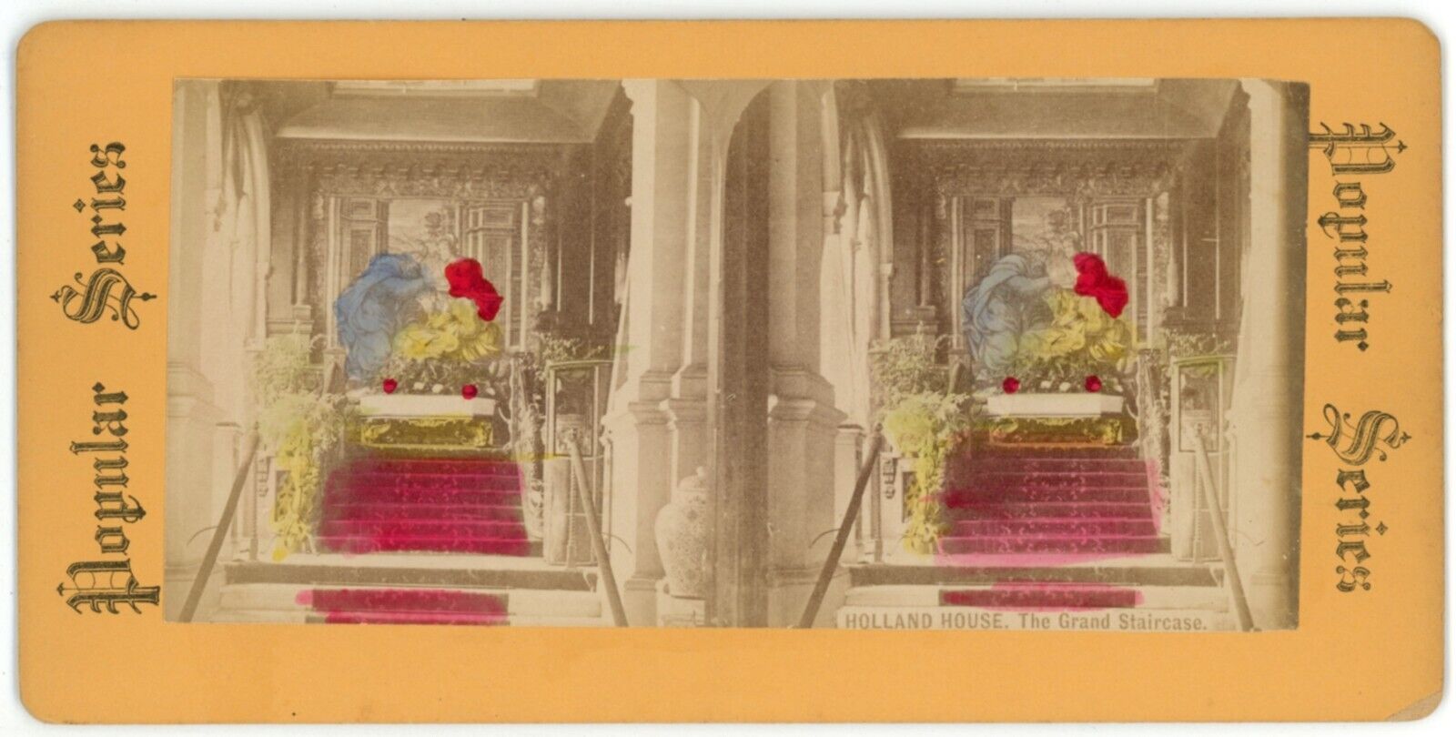 c1900's Colorized Stereoview Card Holland House, The Grand Staircase