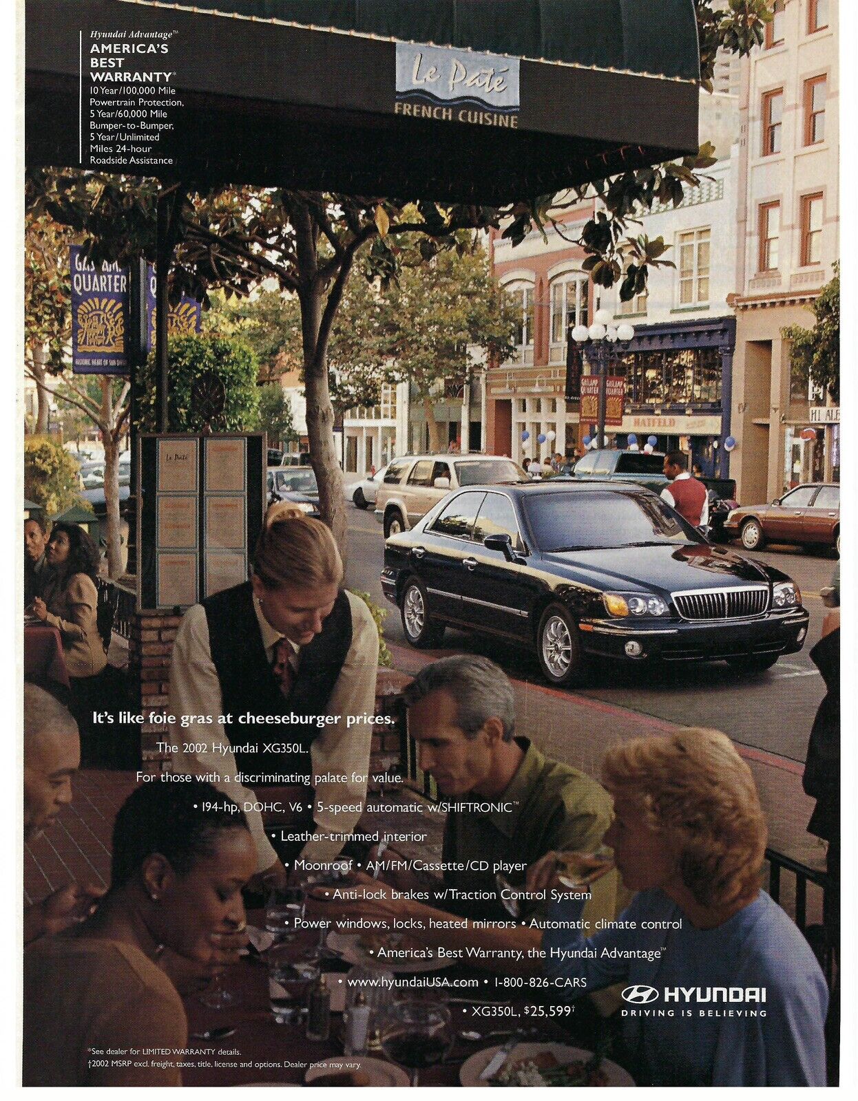 2002 Hyundai XG350L Foie Gras Cheesburger Price Vintage Magazine Print Ad/Poster