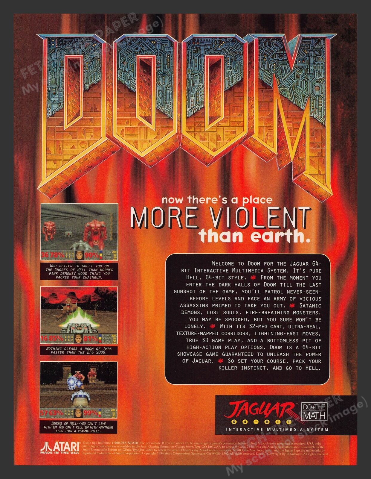 Doom Atari Jaguar Video Game 1990s Print Advertisement Ad 1994