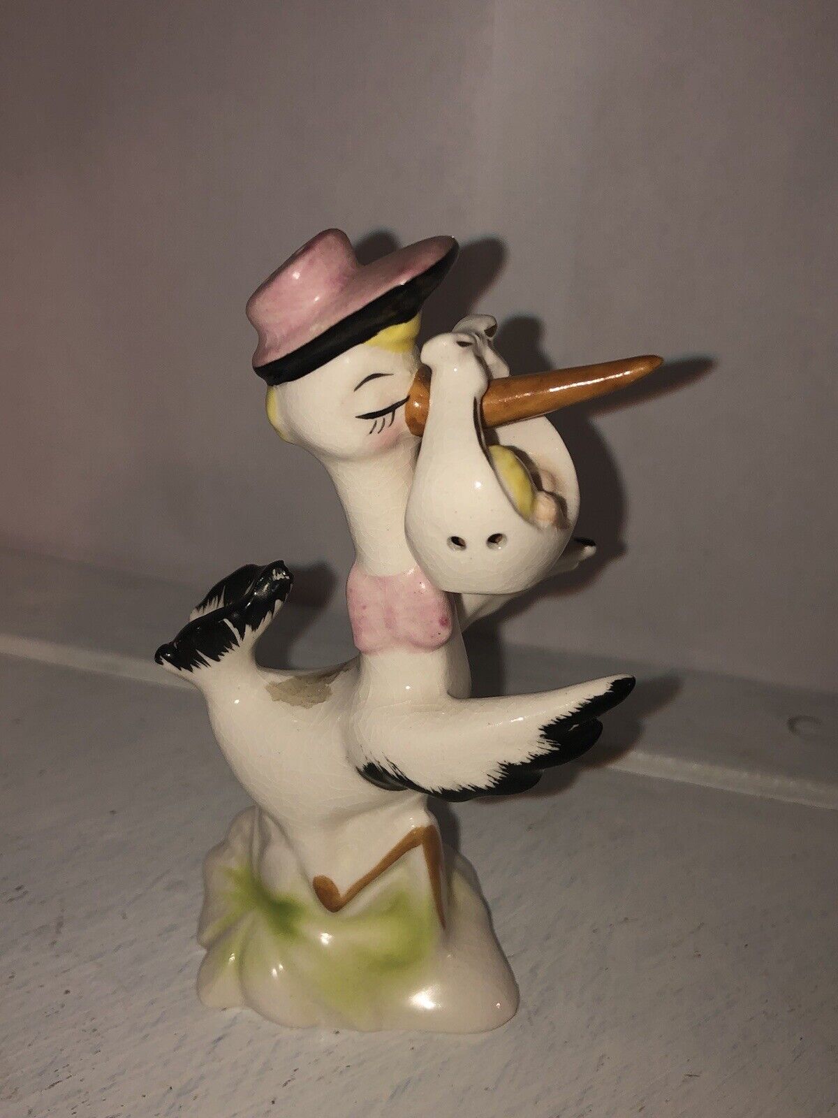 Vintage Anthropomorphic Stork with Baby Salt and Pepper Shakers Japan
