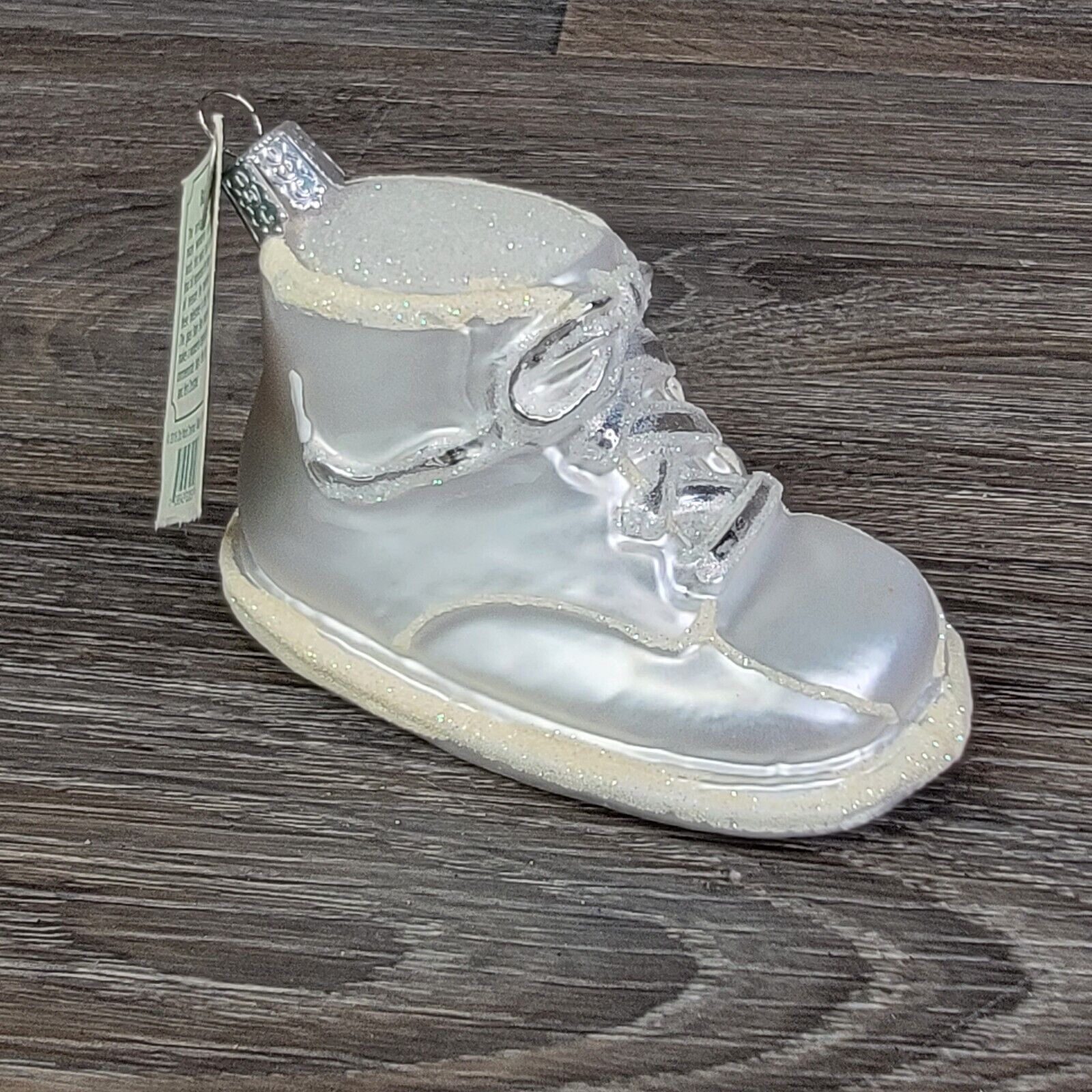 Old World Christmas Ornament OWC Baby Shoe Blown Glass Ornament White Glitter