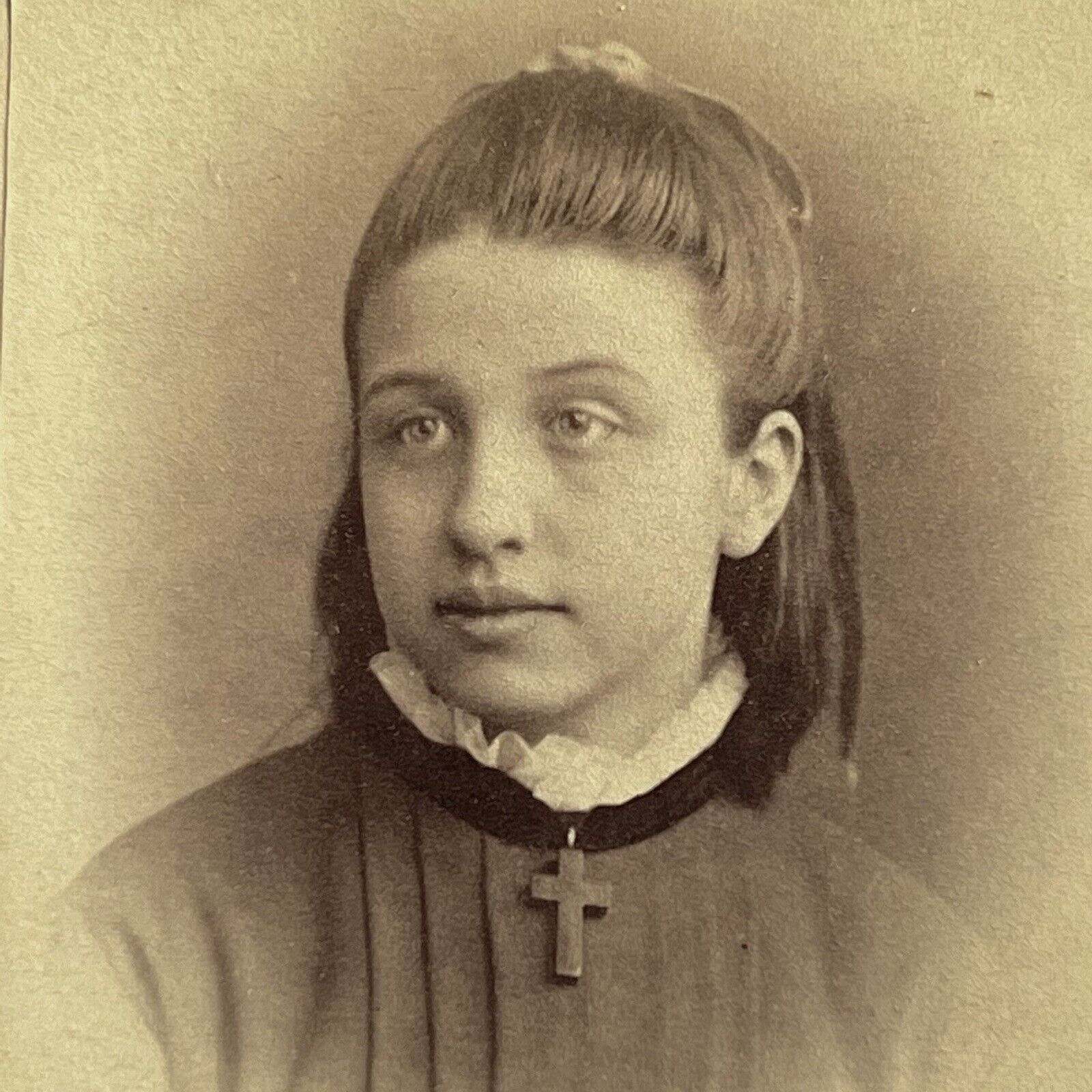Antique CDV Photograph Adorable Little Girl Cross Necklace Bangor ME