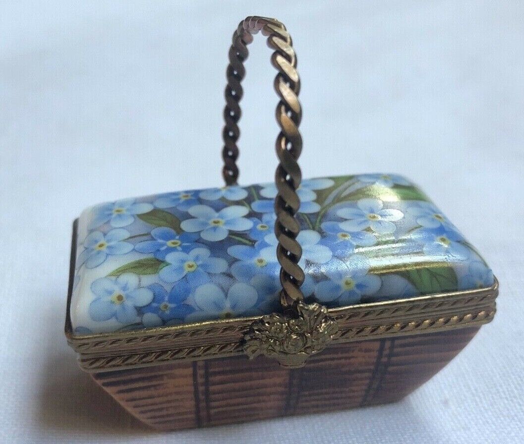Limoges Rehausse Picnic Basket box Blue Flowers Porcelain Trinket Box 