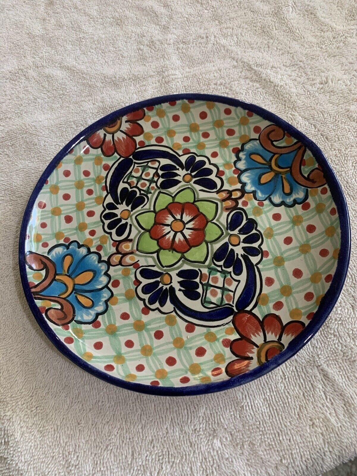 Vtg. 8” Talavera Pottery Vintage Floral  Plate Mexico Handmade Signed