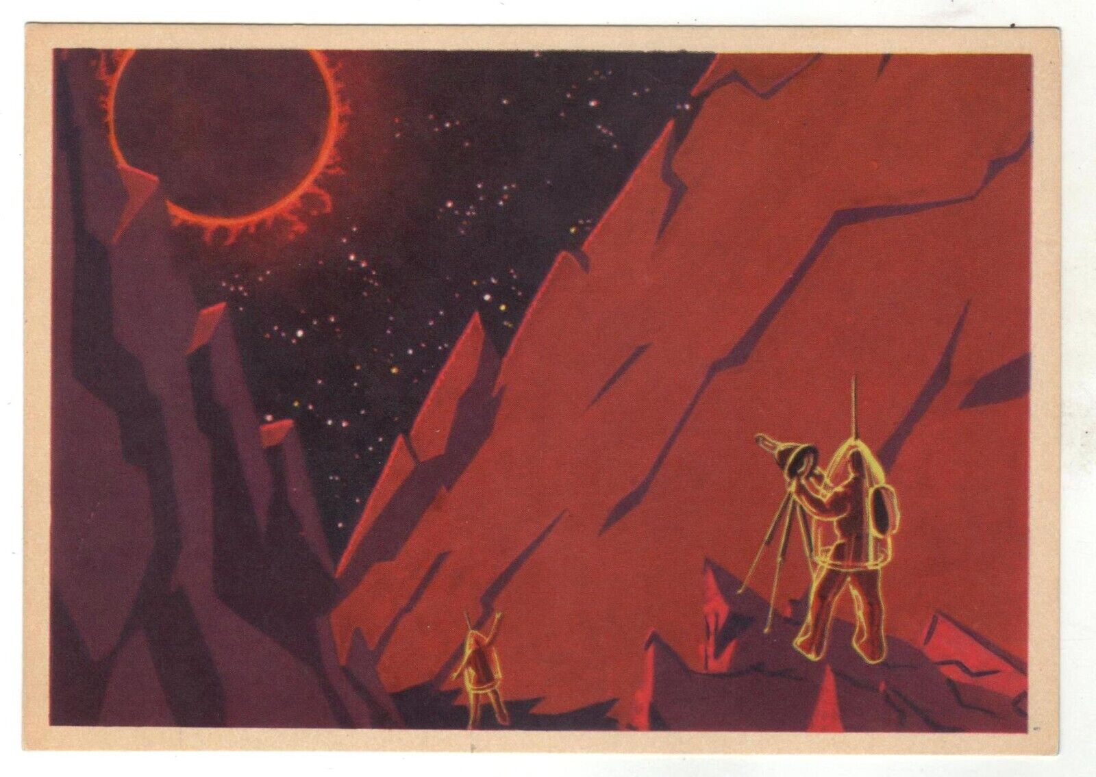 1965 COSMOS SPACE On the moon Astronauts Solar eclipse OLD Russian Postcard