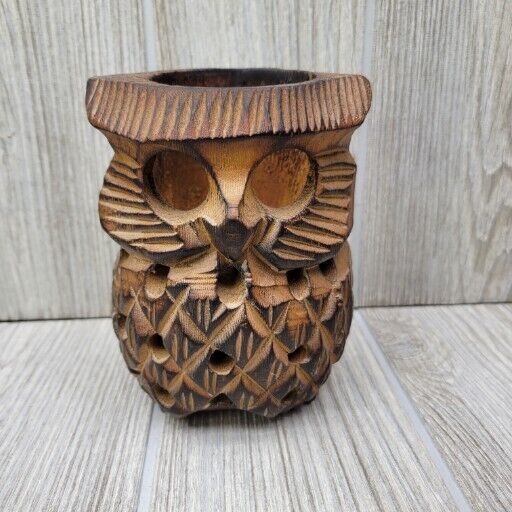 Vintage 70s Carved Wooden Owl Tea Light Votive Candle Holder Retro Boho