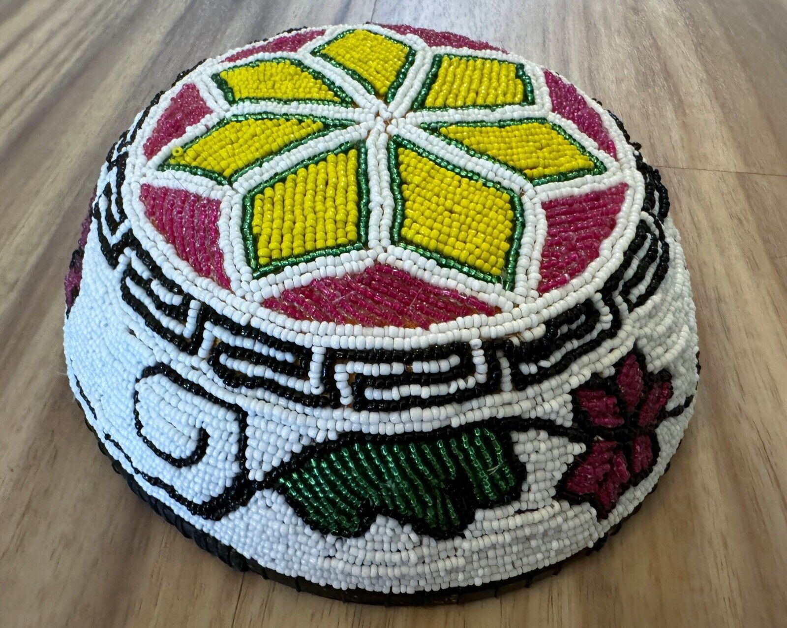 Vintage Beaded Bowl Huichol Art Floral 8” by 3”