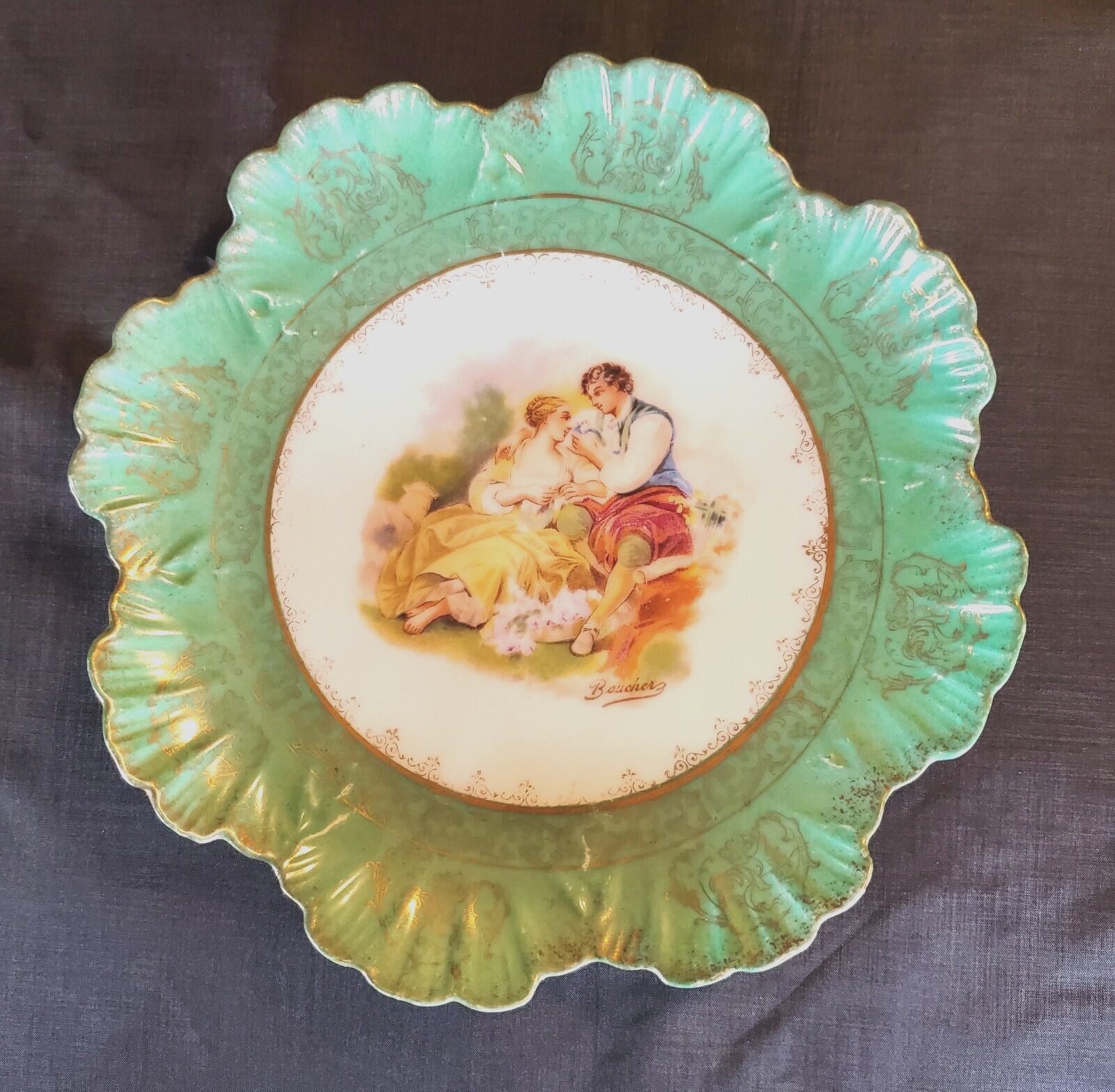 Antique Royal Vienna Scalloped Edged Plate w/ Scene of Romantic Couple Signed