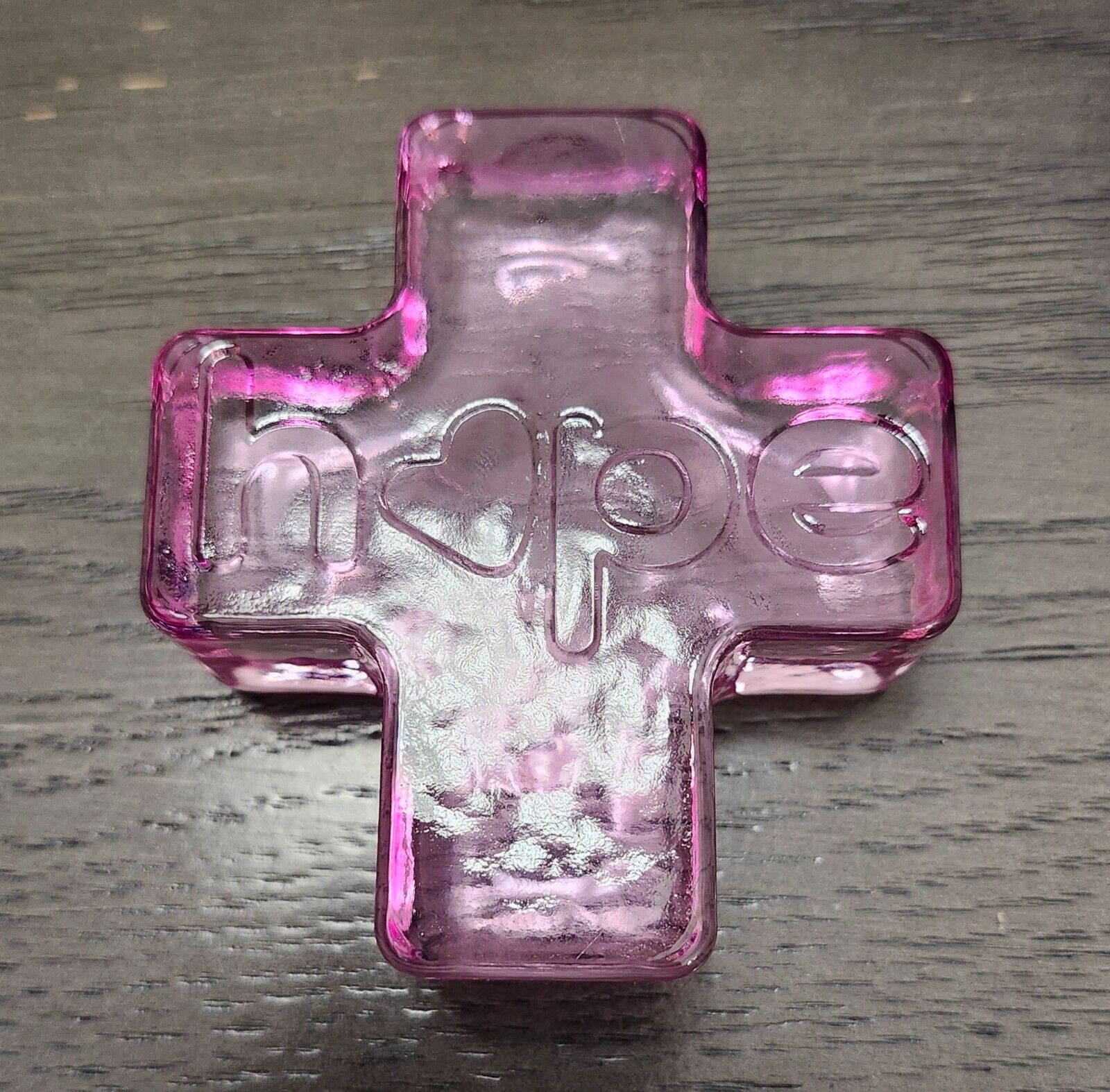 Pink Art Glass Hope Cross Paperweight 3 1/4\