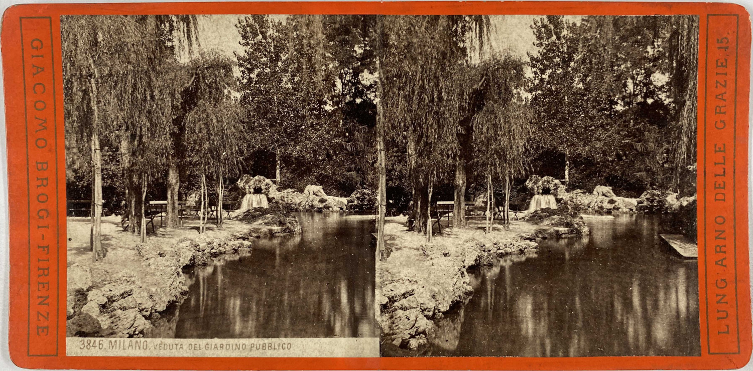 Brogi, Stereo, Italy, Milan, Public Garden View Vintage Stereo Card,