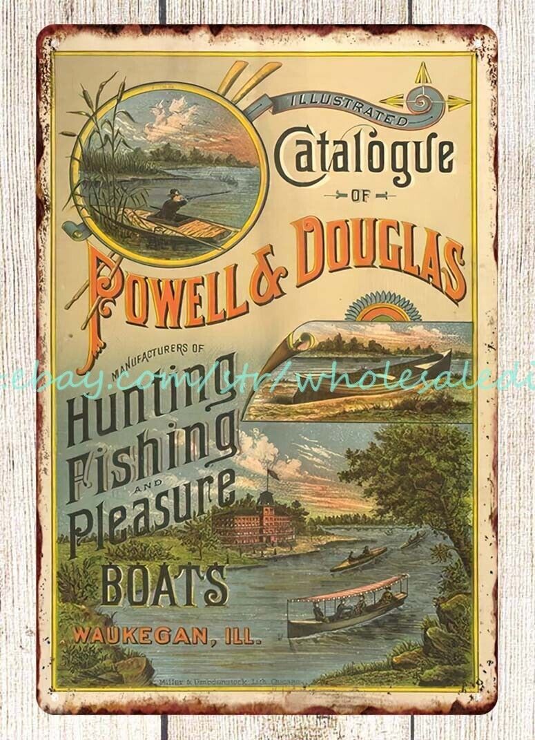 1884 Powell Douglas Hunting Fishing Pleasure Boats Waukegan Illinois tin sign