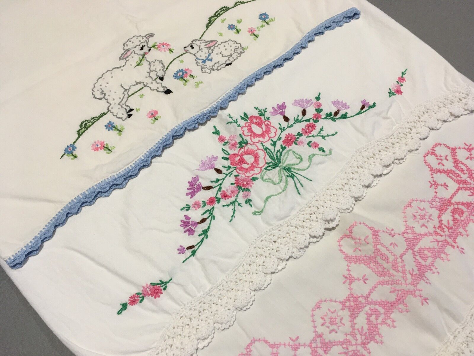 VTG Embroidered Flower Floral Lamb Crochet Pillowcases Granny Core Lot of 3 READ