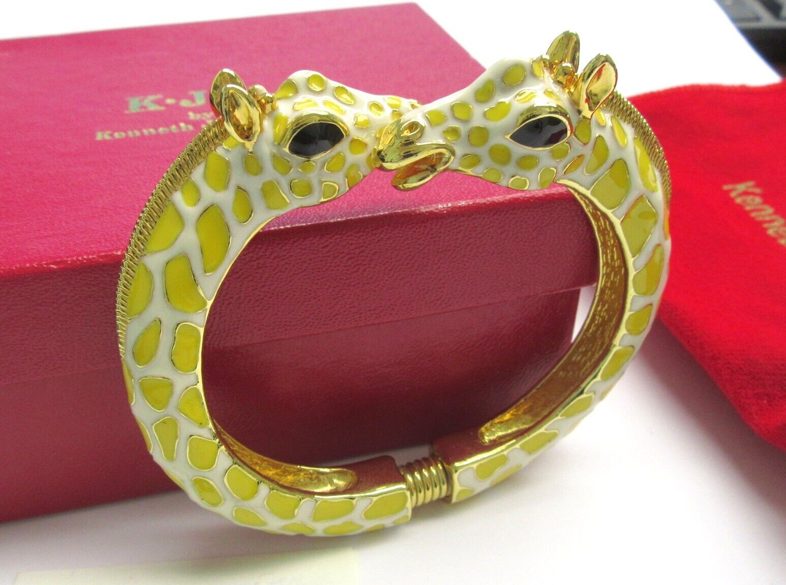 Kenneth Jay Lane Signed Yellow Giraffes Bangle Bracelet w Original Box, Papers