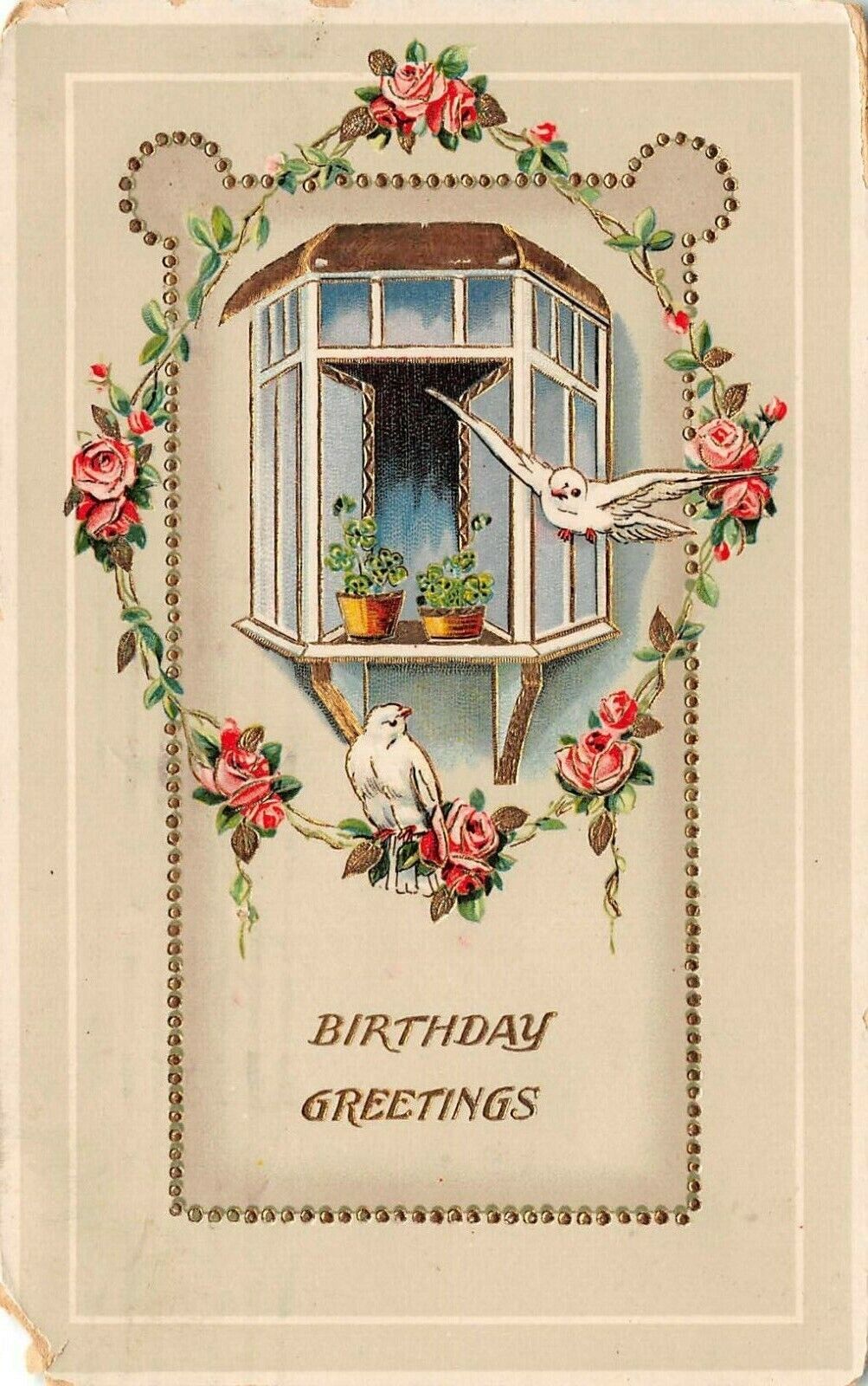  1913 Birthday Greetings Pink Roses & White Dolls Embroidered Postcard